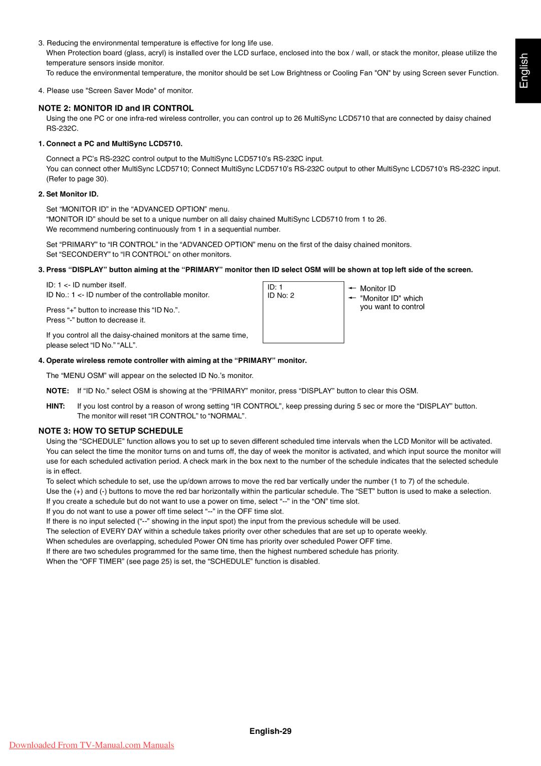 NEC user manual English-29, Connect a PC and MultiSync LCD5710, Set Monitor ID 