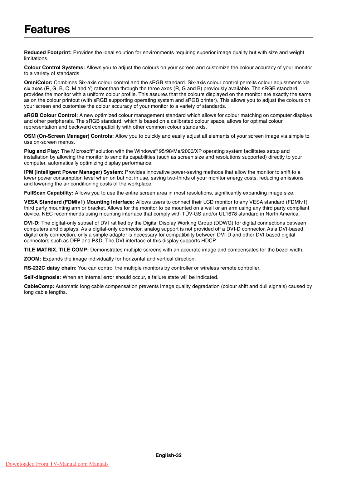 NEC LCD5710 user manual Features, English-32 