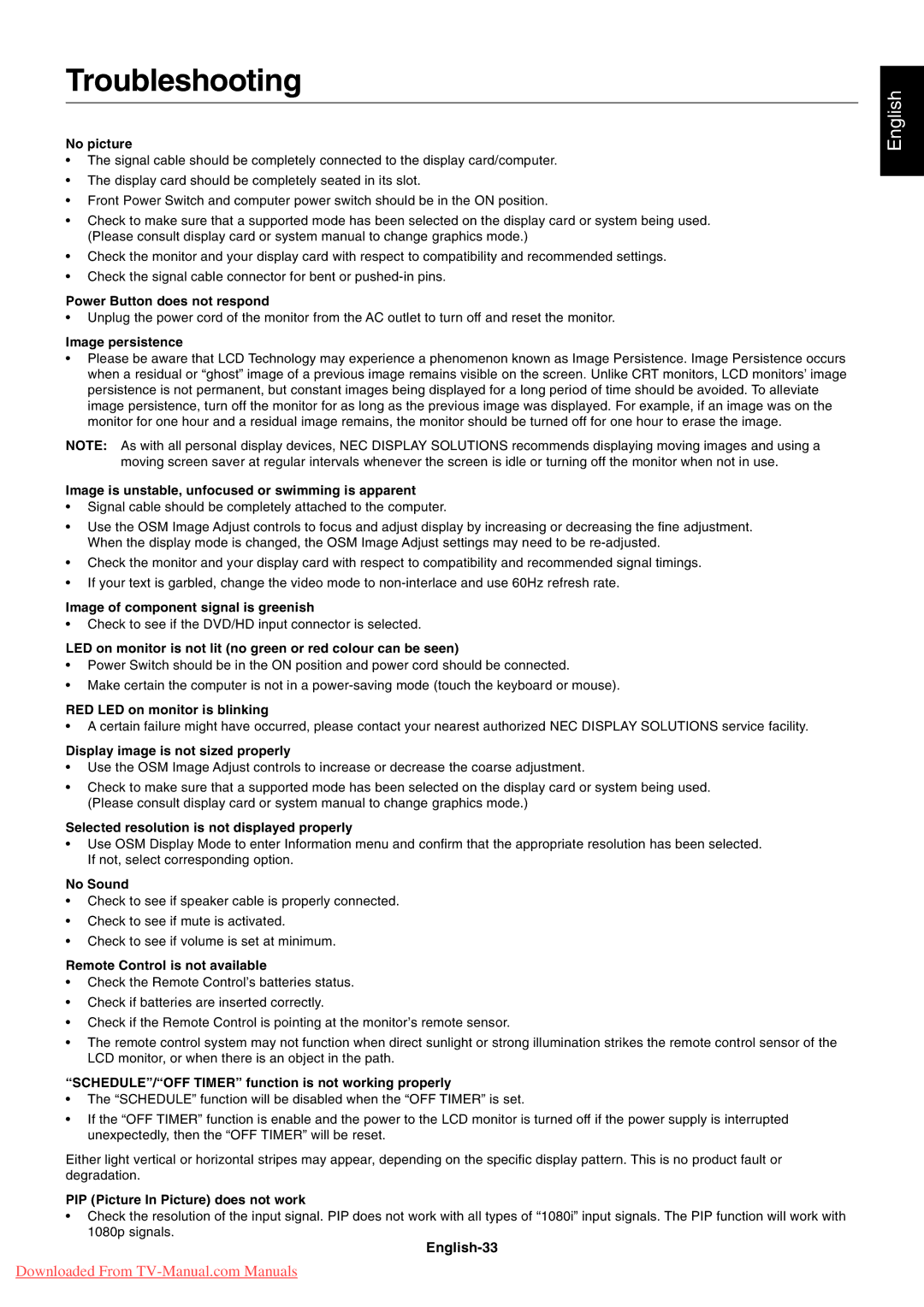 NEC LCD5710 user manual Troubleshooting, English-33 