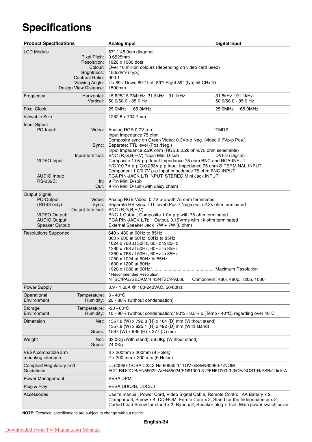 NEC LCD5710 user manual Product Specifications, English-34, Analog Input Digital Input 