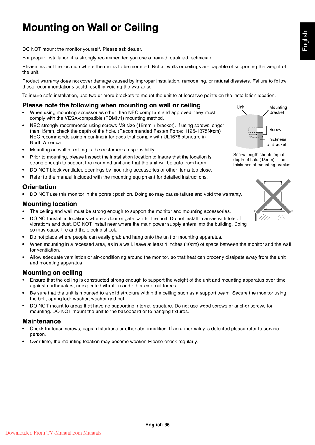 NEC LCD5710 user manual Mounting on Wall or Ceiling 