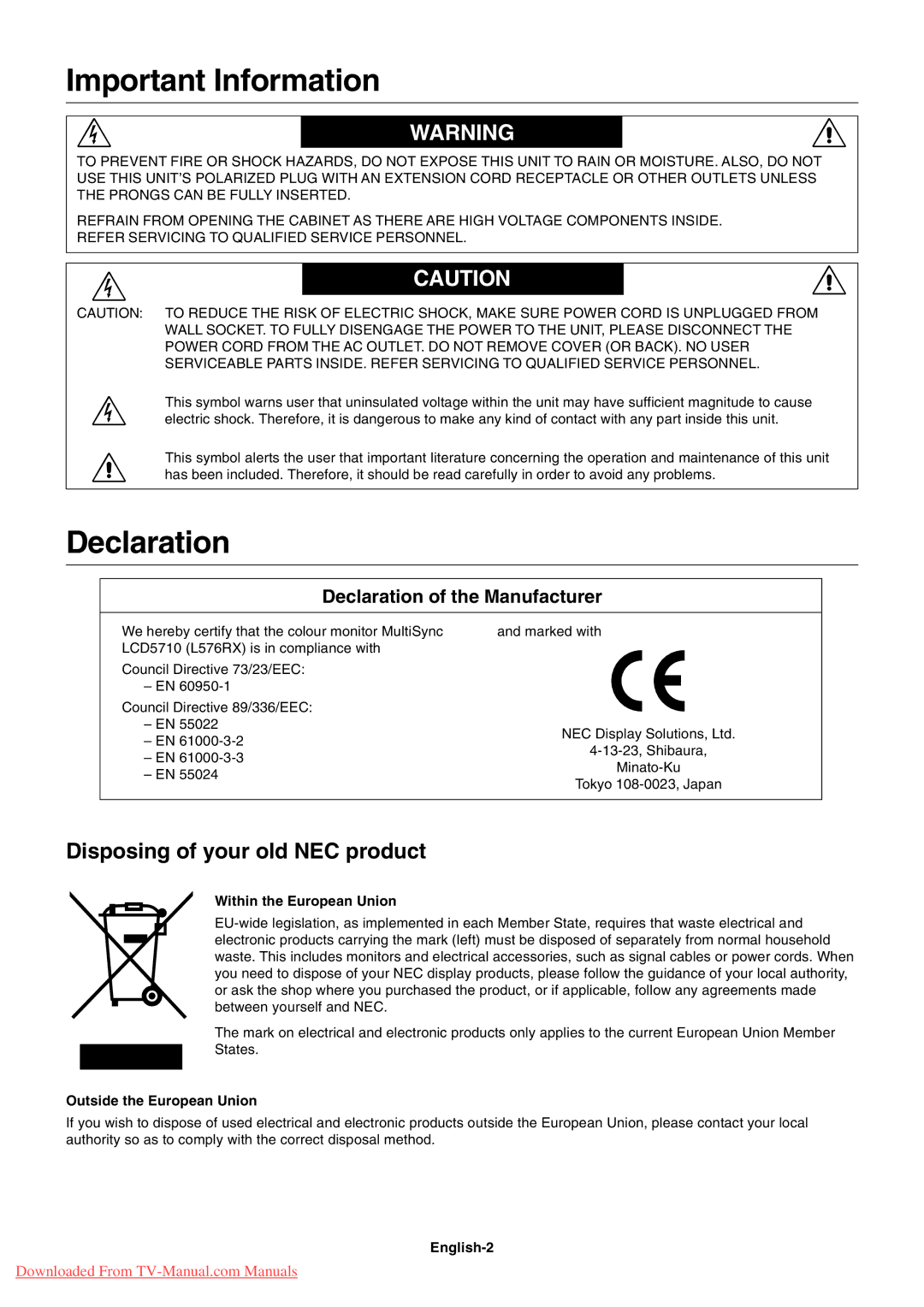 NEC LCD5710 user manual Important Information, Disposing of your old NEC product, Declaration of the Manufacturer 