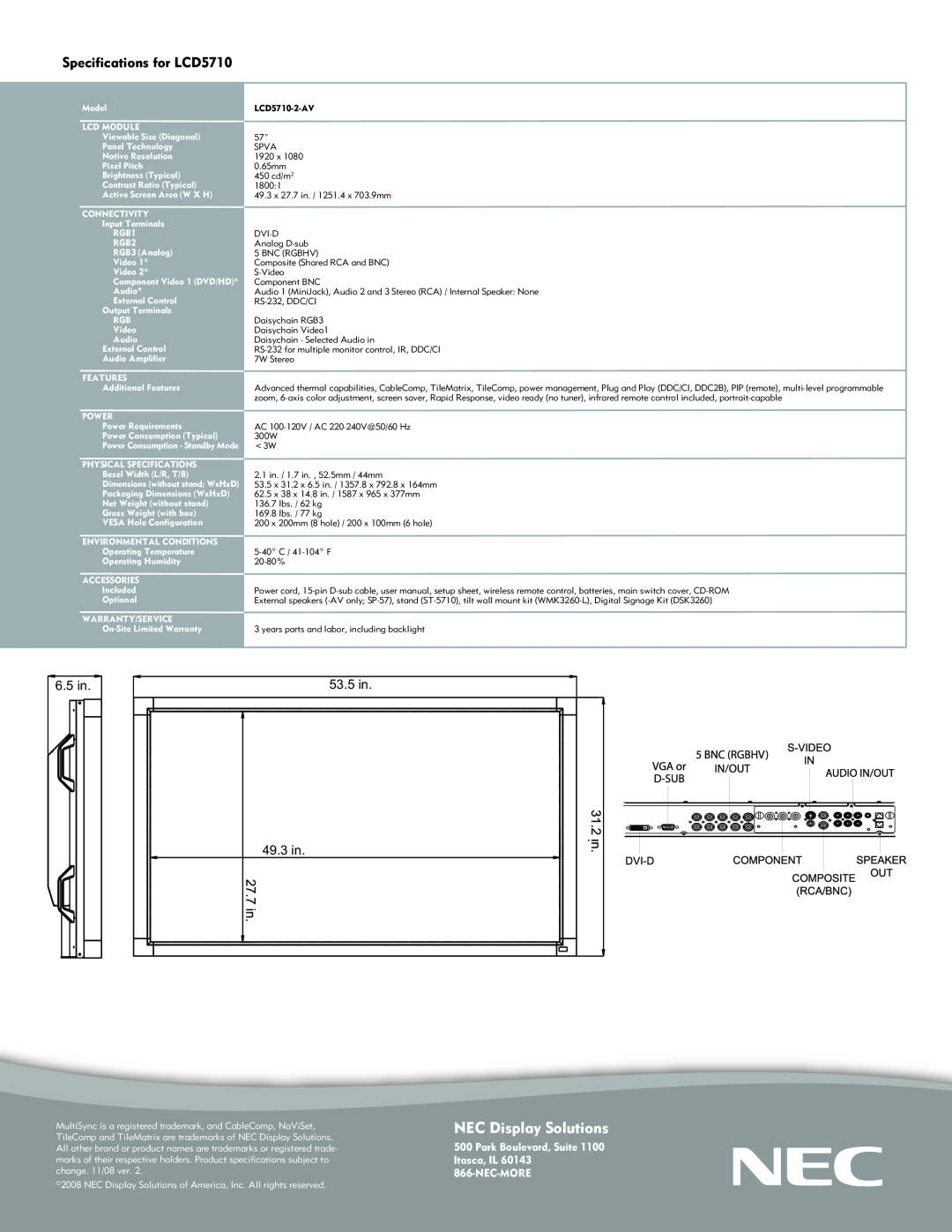 NEC manual NEC Display Solutions, Specifications for LCD5710, Park Boulevard, Suite Itasca, IL 866-NEC-MORE 