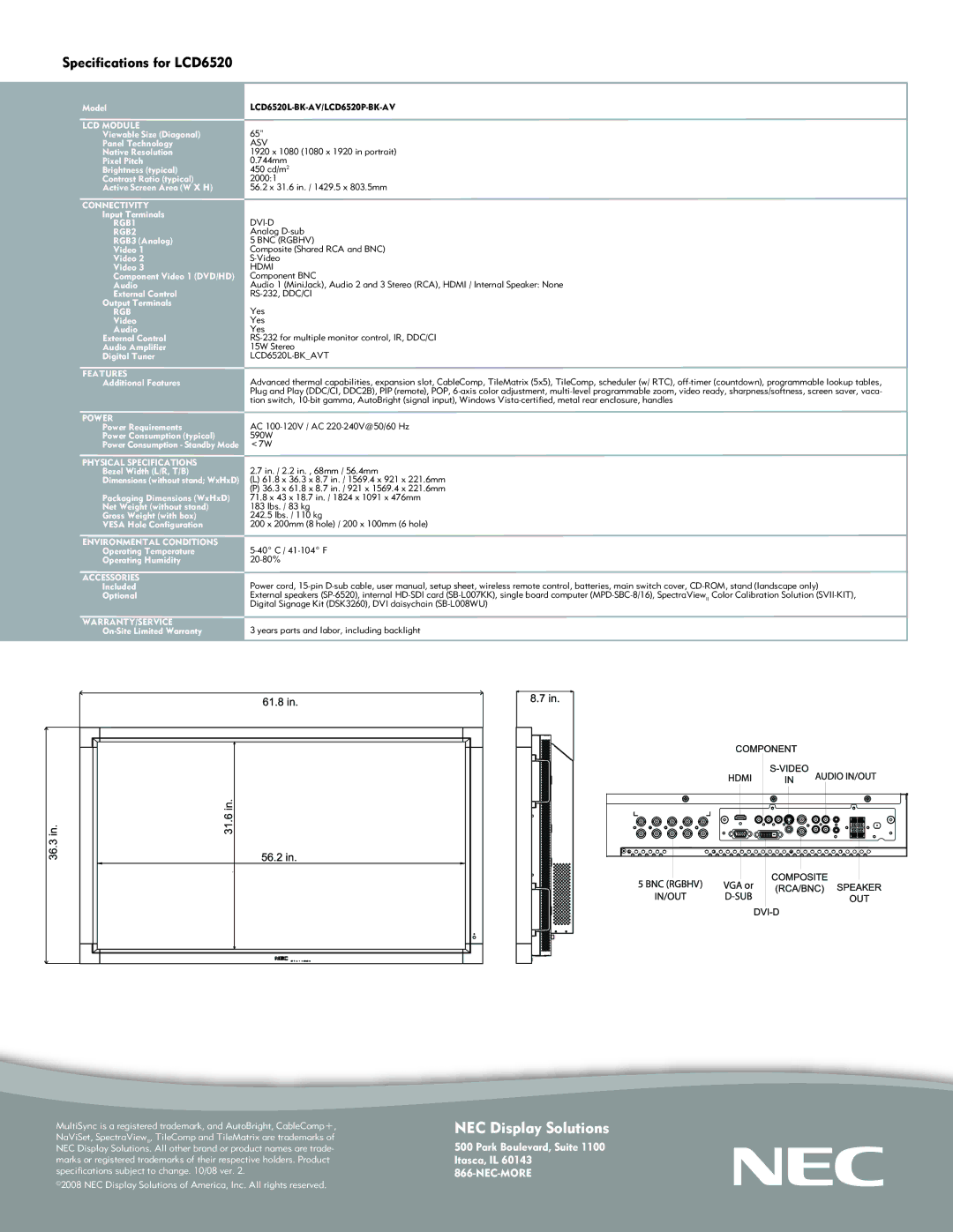 NEC manual NEC Display Solutions, Specifications for LCD6520 