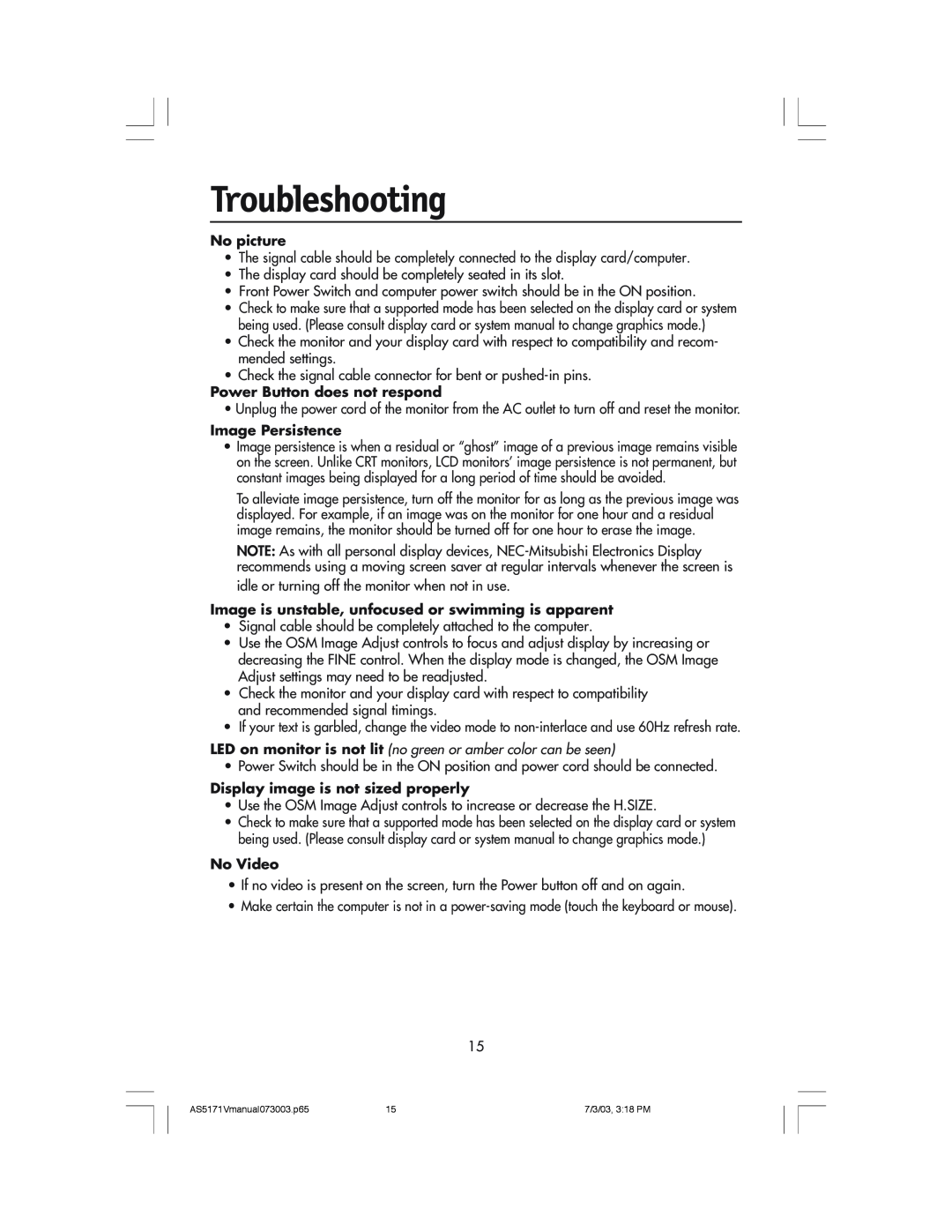 NEC LCD71V manual Troubleshooting, No picture, Power Button does not respond, Image Persistence, No Video 