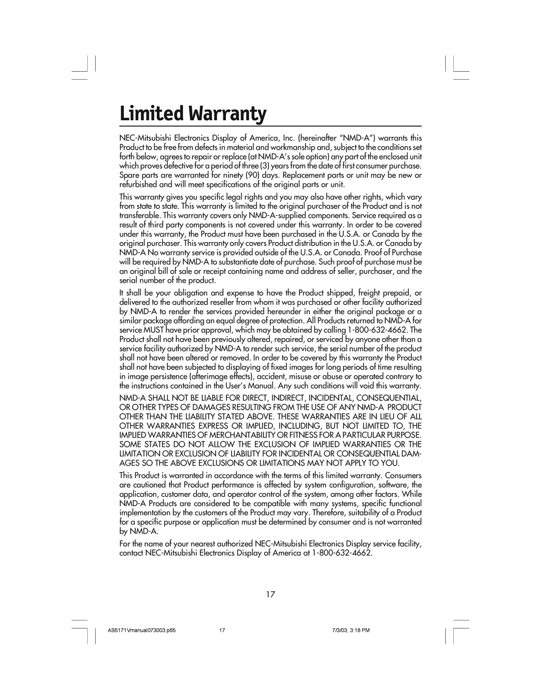 NEC LCD71V manual Limited Warranty 