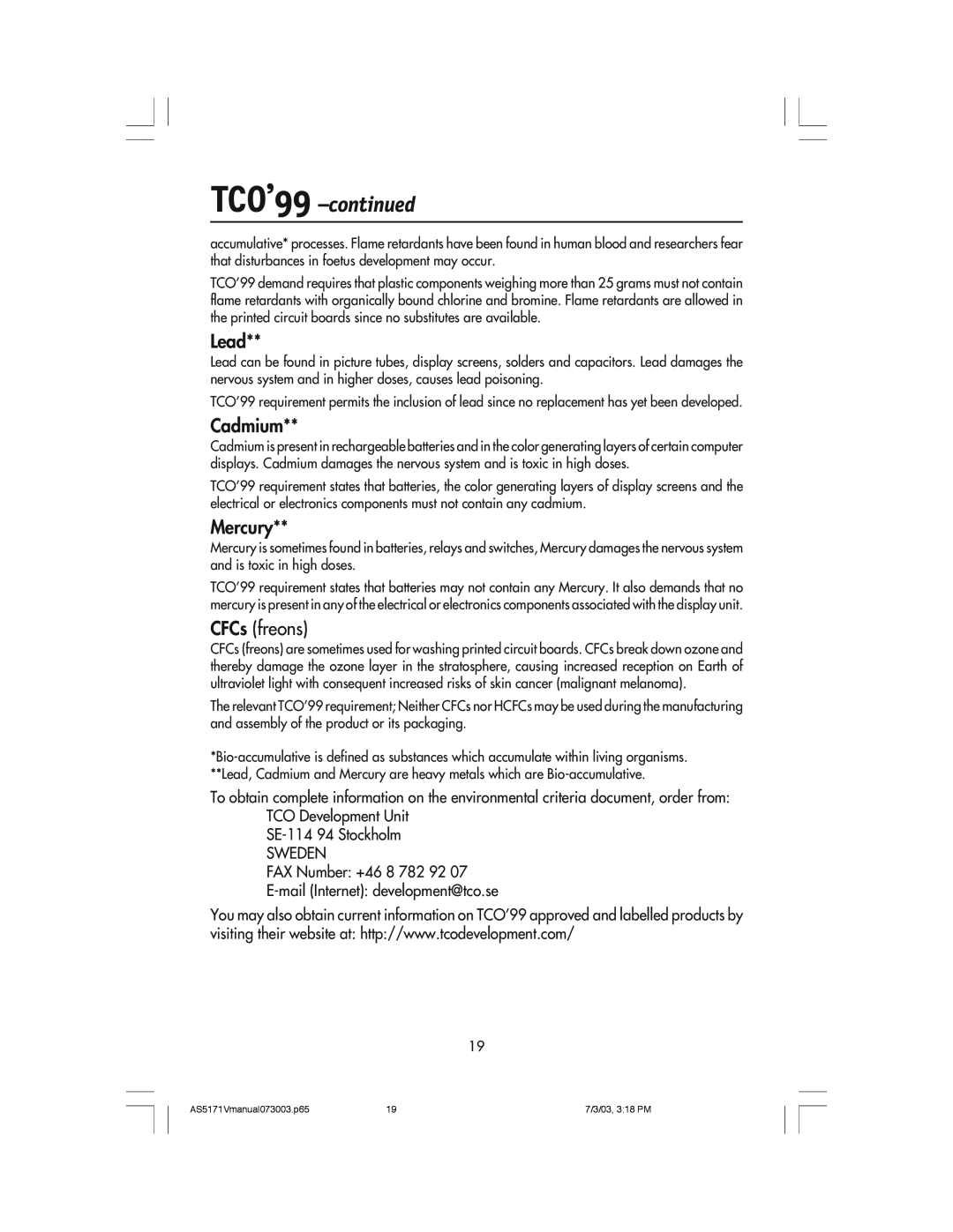 NEC LCD71V manual TCO’99 -continued, Lead, Cadmium, Mercury, CFCs freons 