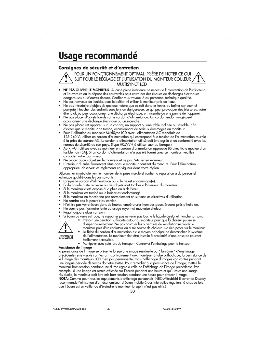 NEC LCD71V manual Usage recommandé, Consignes de sécurité et d’entretien 