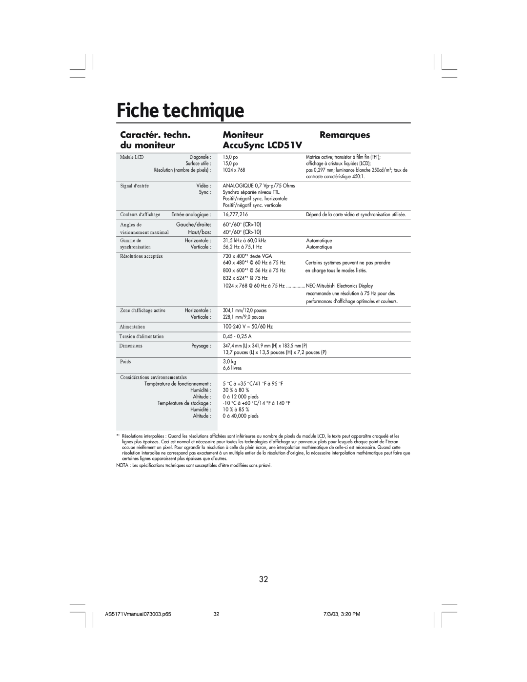NEC LCD71V manual Fiche technique, Caractér. techn, Moniteur, Remarques, du moniteur, AccuSync LCD51V 