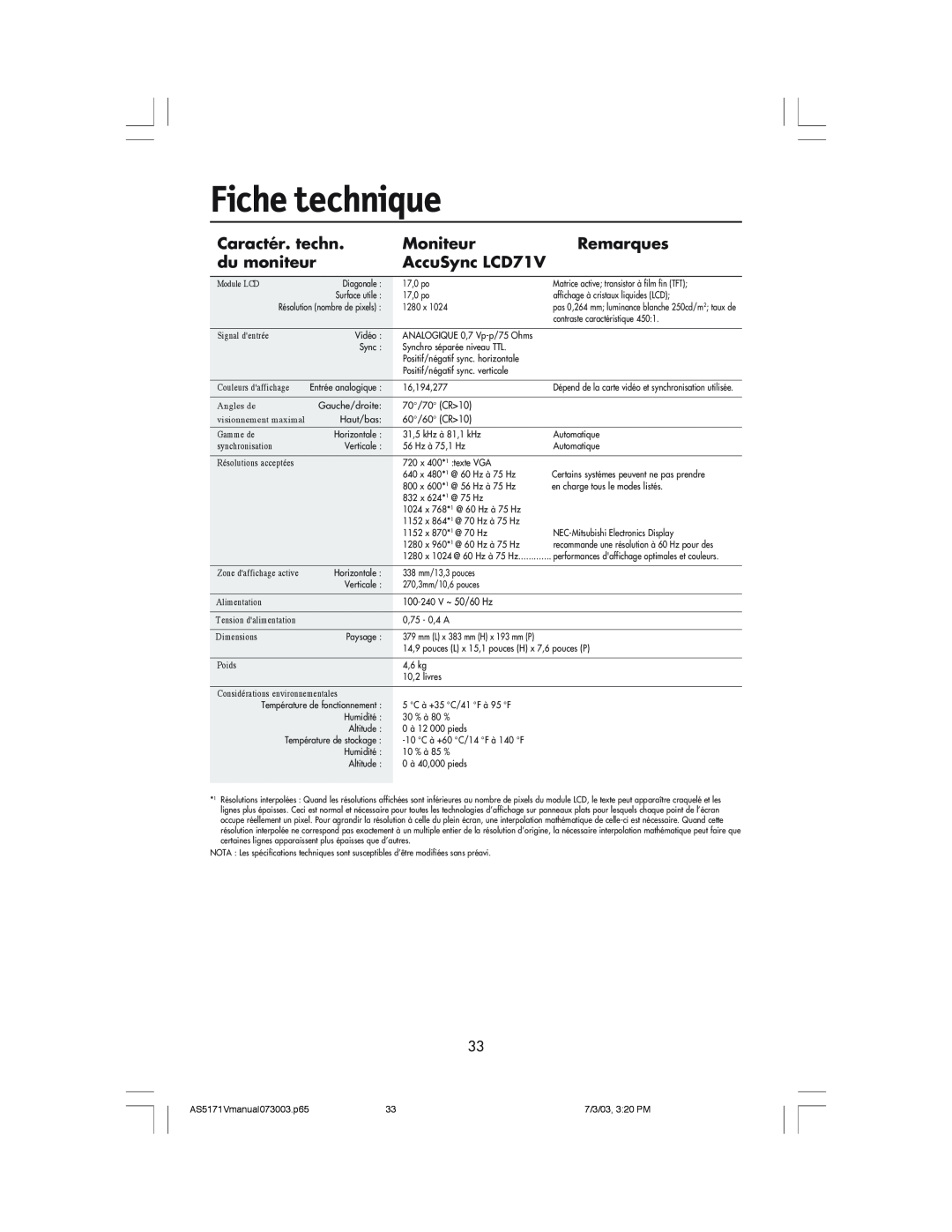 NEC manual Fiche technique, Caractér. techn, Moniteur, Remarques, du moniteur, AccuSync LCD71V 