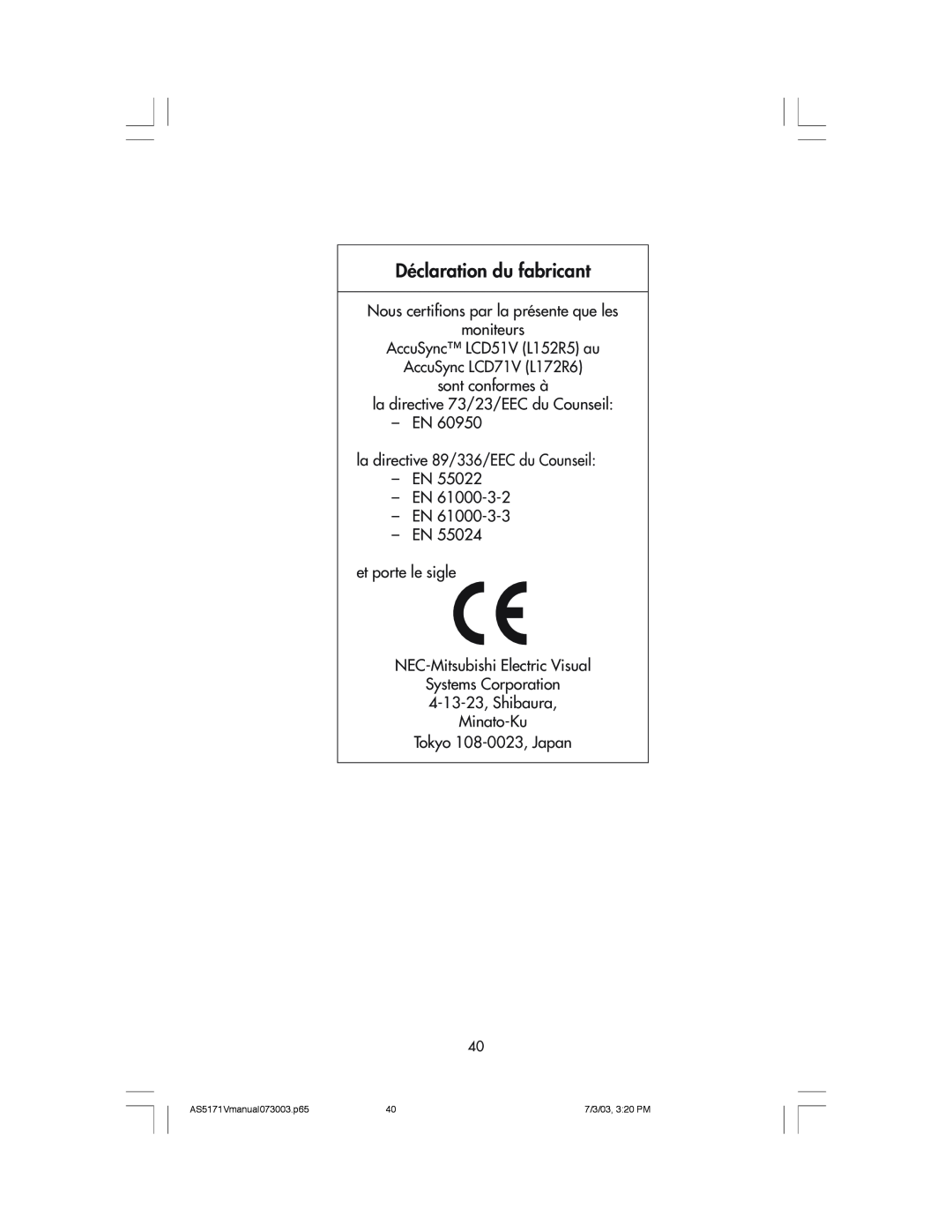 NEC LCD71V DŽclaration du fabricant, Nous certifions par la prŽsente que les moniteurs, AS5171Vmanual073003.p65 