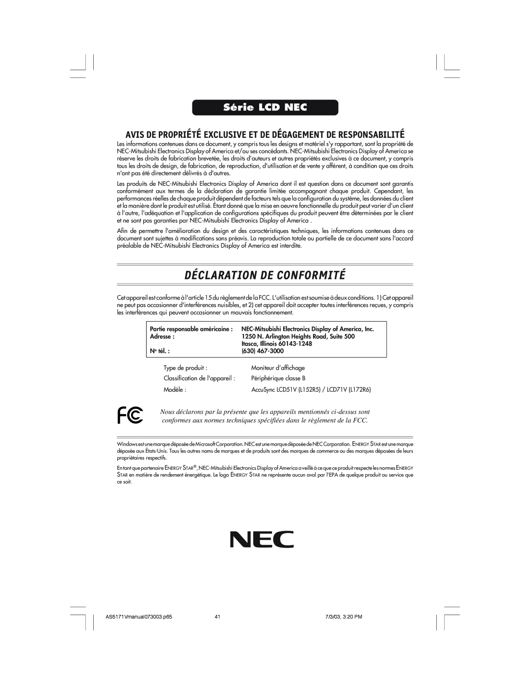 NEC LCD71V manual Déclaration De Conformité, Série LCD NEC, Avis De Propriété Exclusive Et De Dégagement De Responsabilité 
