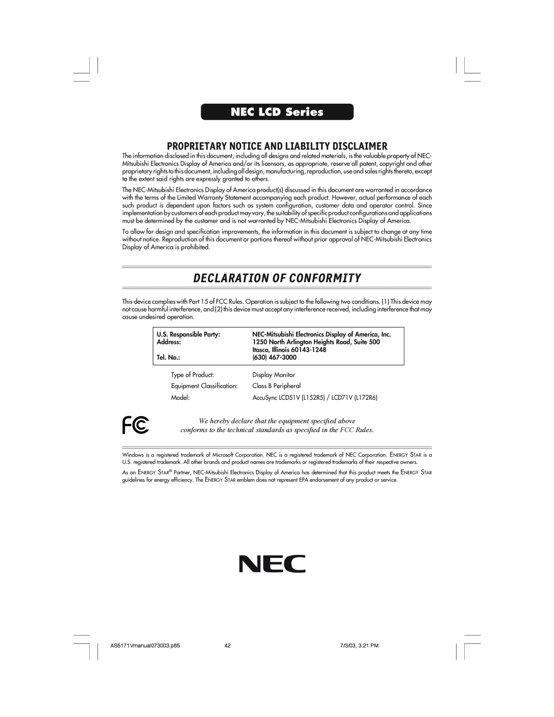 NEC LCD71V manual Declaration Of Conformity, NEC LCD Series, Proprietary Notice And Liability Disclaimer 