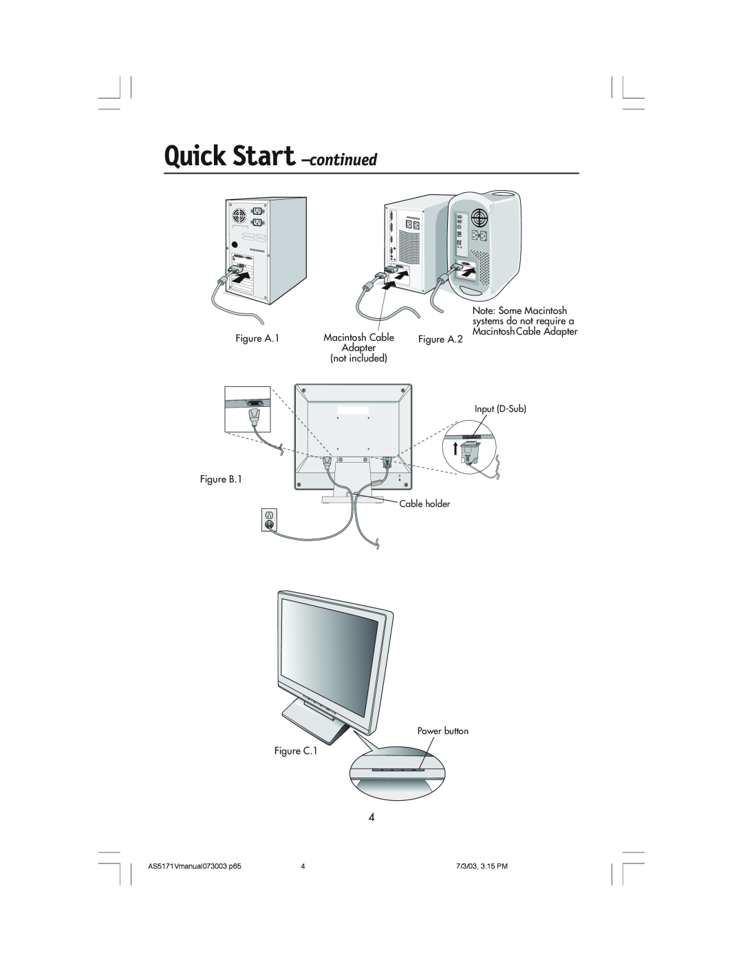 NEC LCD71V Quick Start -continued, Note Some Macintosh, Figure A.1, Figure A.2, Figure B.1, Figure C.1, 7/3/03, 315 PM 