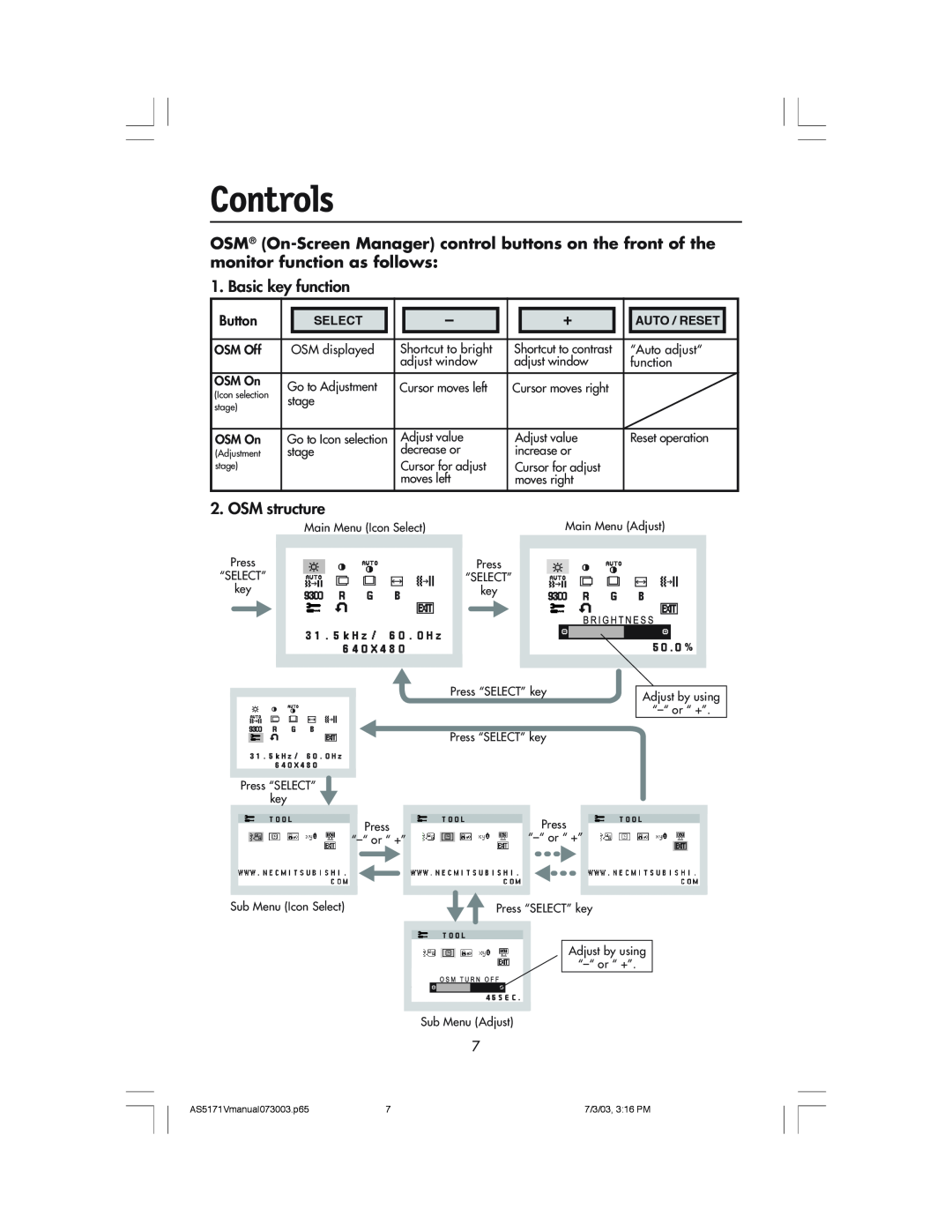NEC LCD71V manual Controls, Select, Auto / Reset 