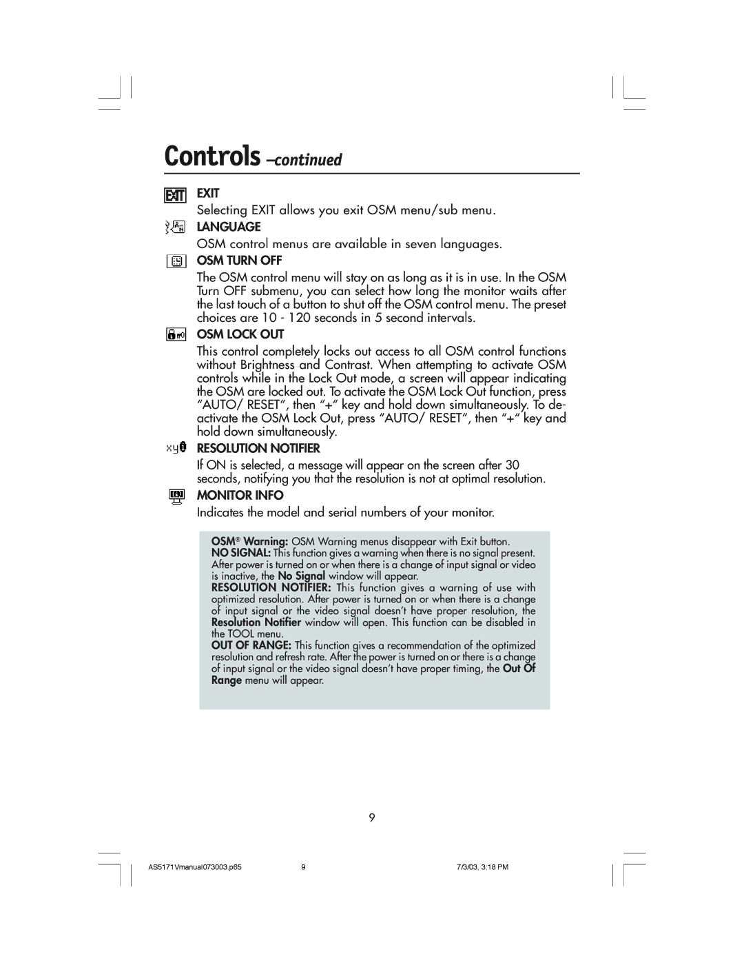 NEC LCD71V manual Exit, Language, OSM Turn OFF, OSM Lock OUT, Resolution Notifier, Monitor Info 