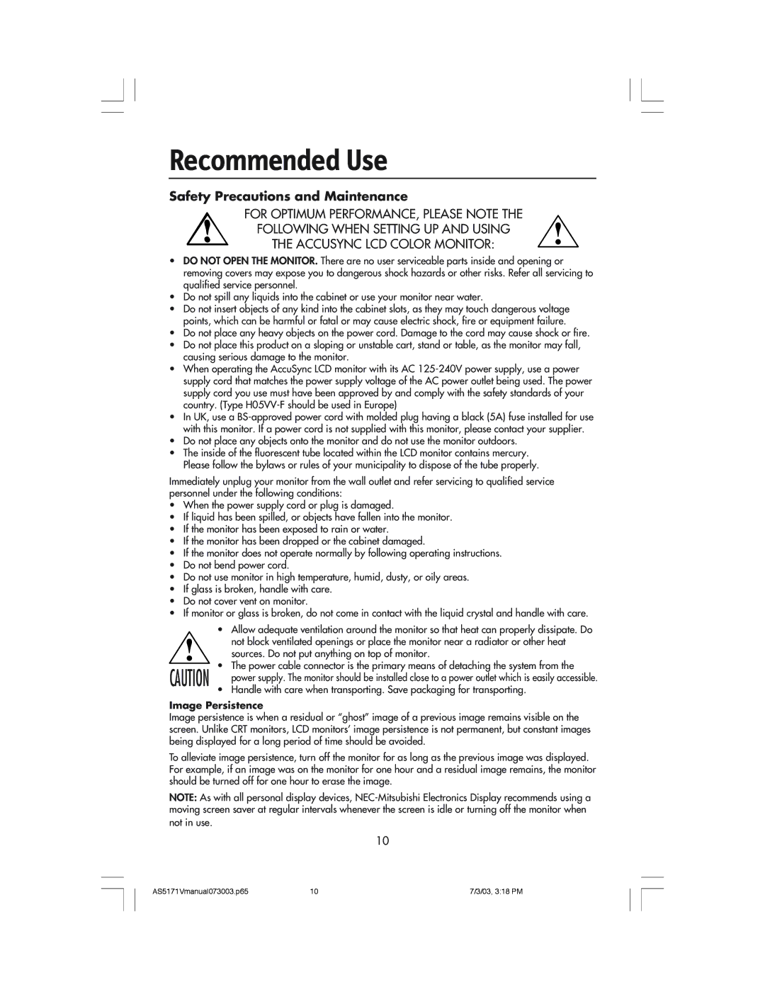 NEC LCD71V manual Recommended Use, Safety Precautions and Maintenance 