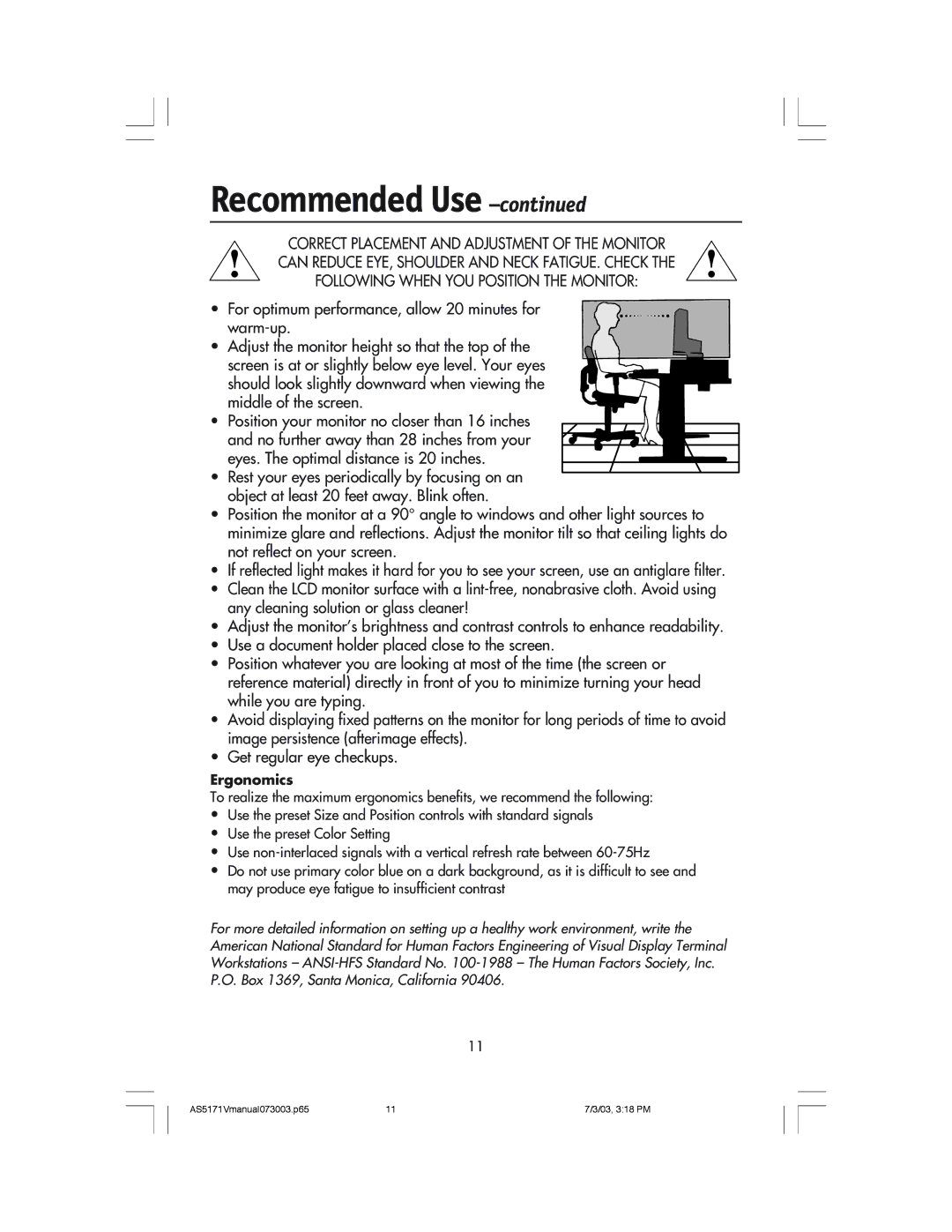 NEC LCD71V manual Ergonomics 