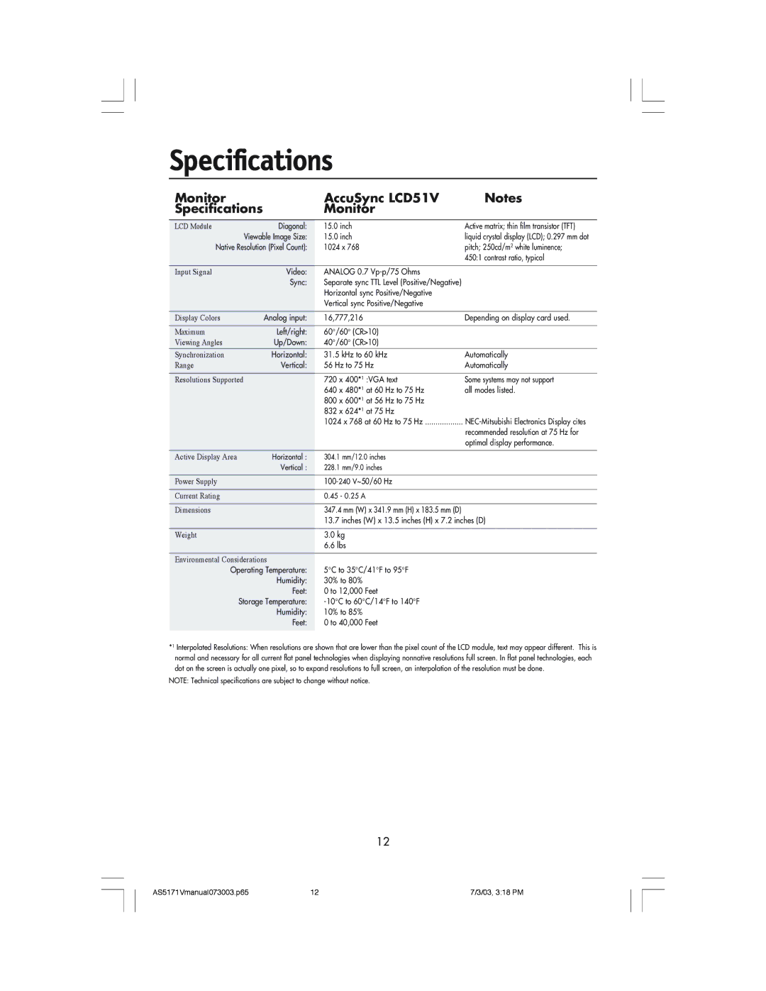 NEC LCD71V manual Monitor AccuSync LCD51V Specifications 