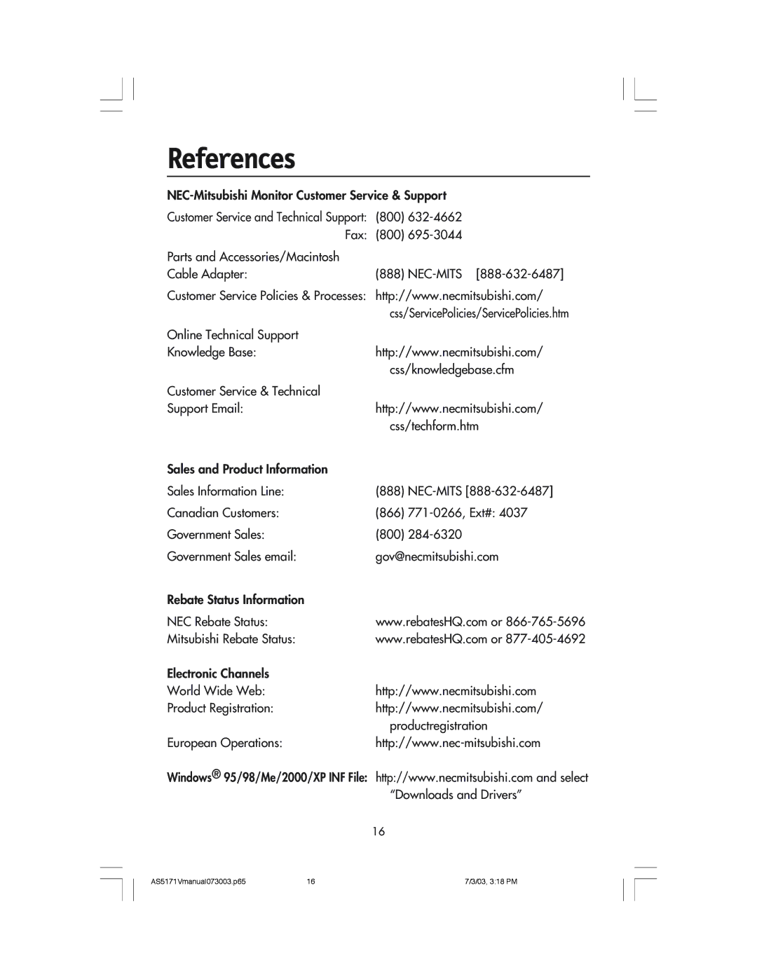 NEC LCD71V manual References, NEC-Mitsubishi Monitor Customer Service & Support 