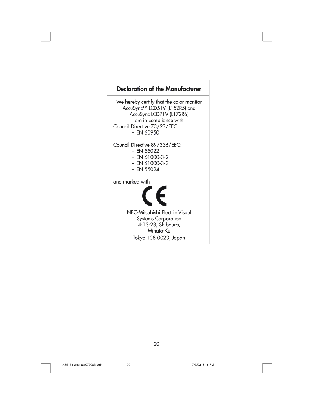 NEC LCD71V manual Declaration of the Manufacturer 