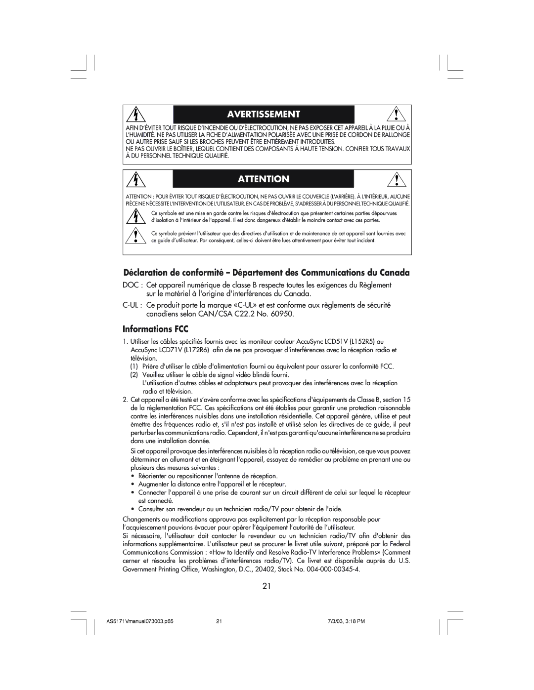 NEC LCD71V manual Avertissement, Informations FCC 