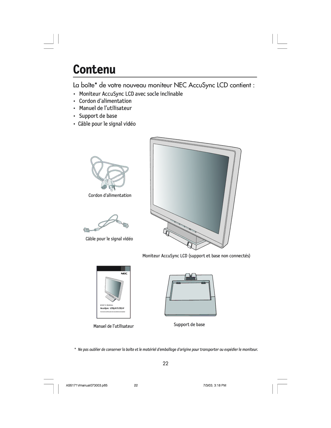 NEC LCD71V manual Contenu, Manuel de l’utilisateur 