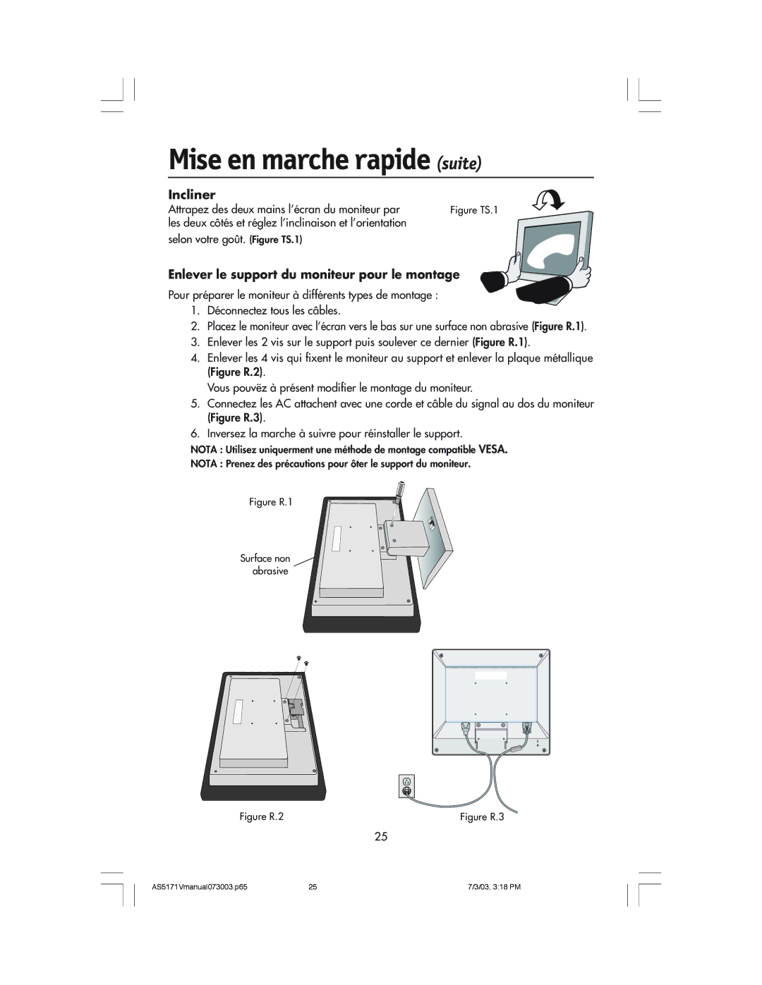 NEC LCD71V manual Incliner, Enlever le support du moniteur pour le montage 