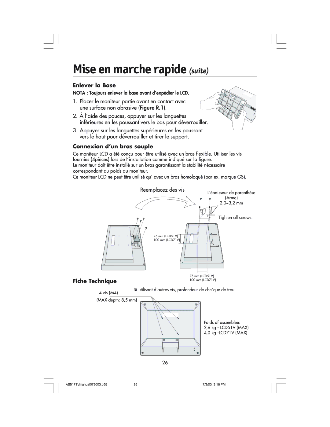 NEC LCD71V manual Enlever la Base, Connexion d’un bras souple, Reemplacez des vis, Fiche Technique 