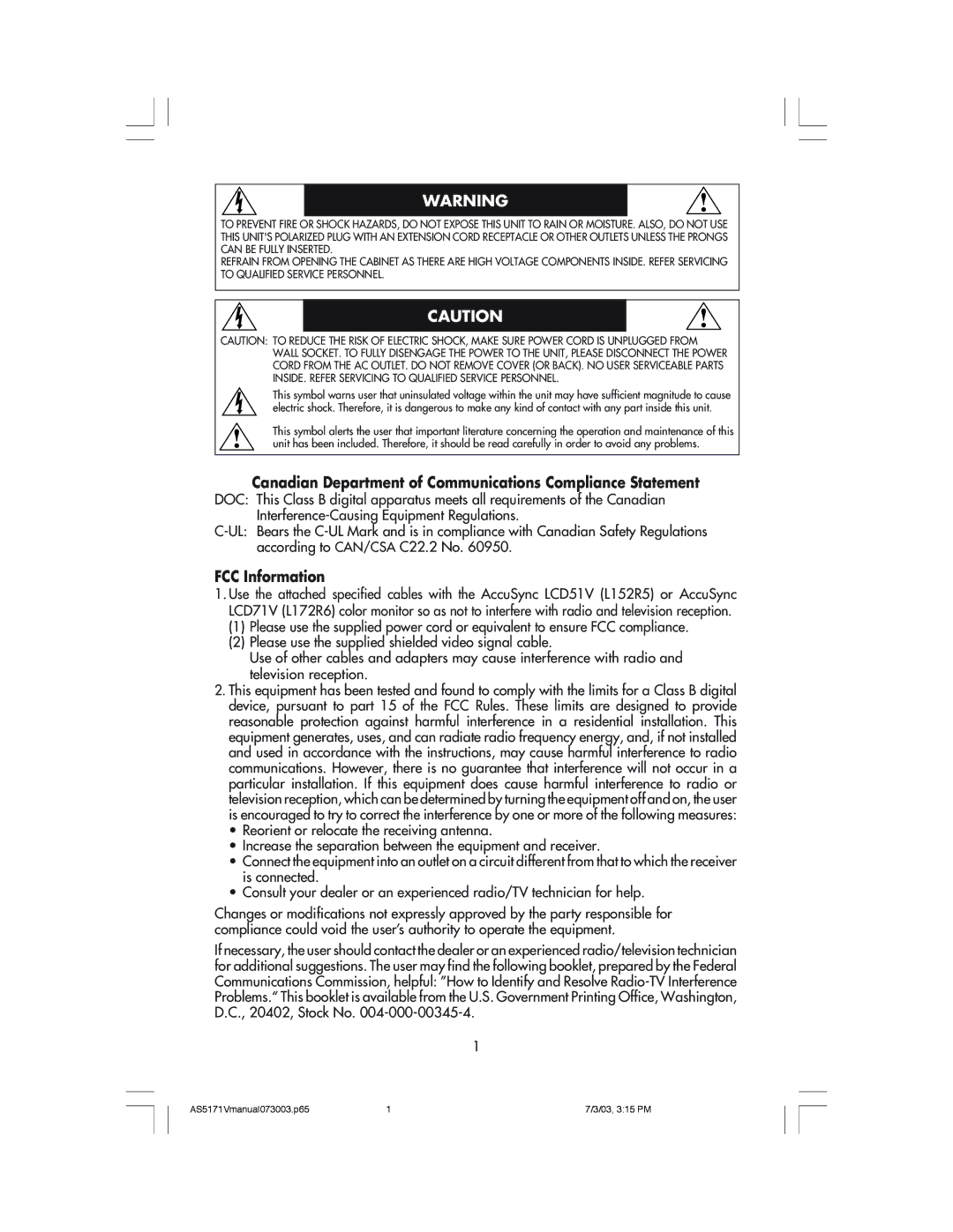 NEC LCD71V manual Canadian Department of Communications Compliance Statement, FCC Information 