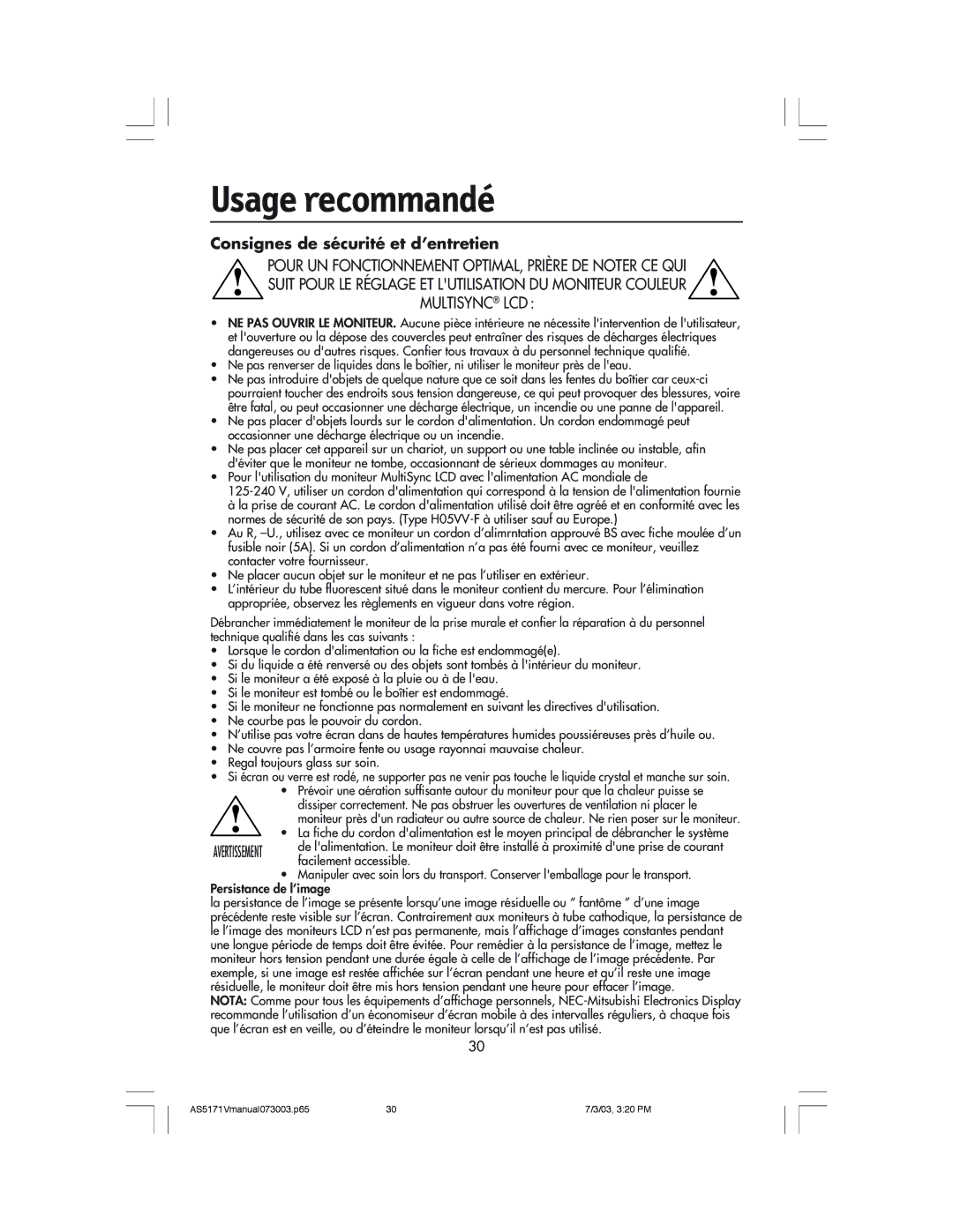 NEC LCD71V manual Usage recommandé, Consignes de sécurité et d’entretien 