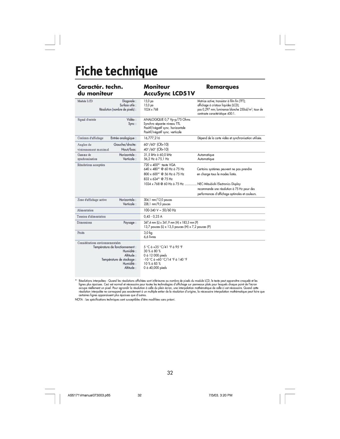 NEC LCD71V manual Fiche technique 