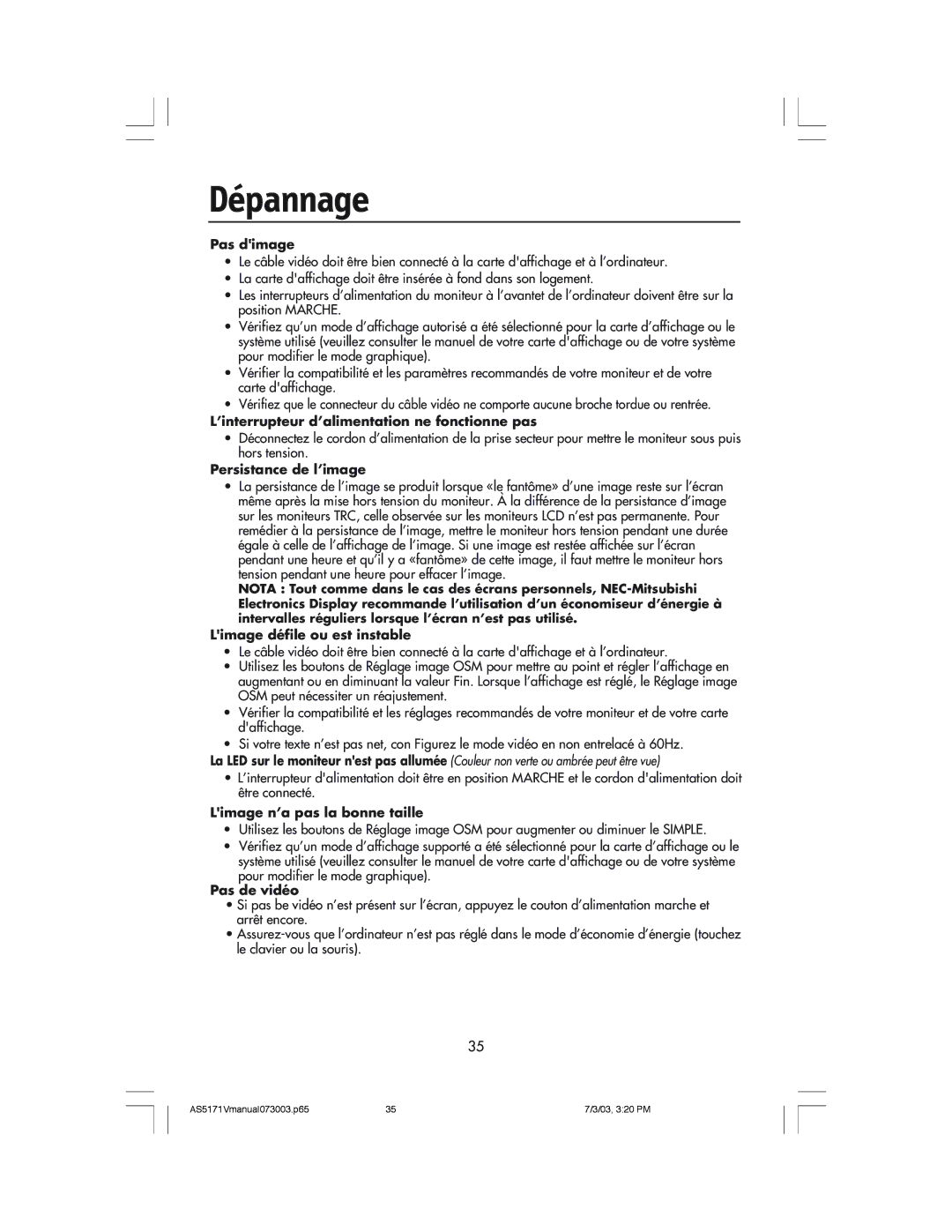 NEC LCD71V manual Dépannage, Pas dimage 