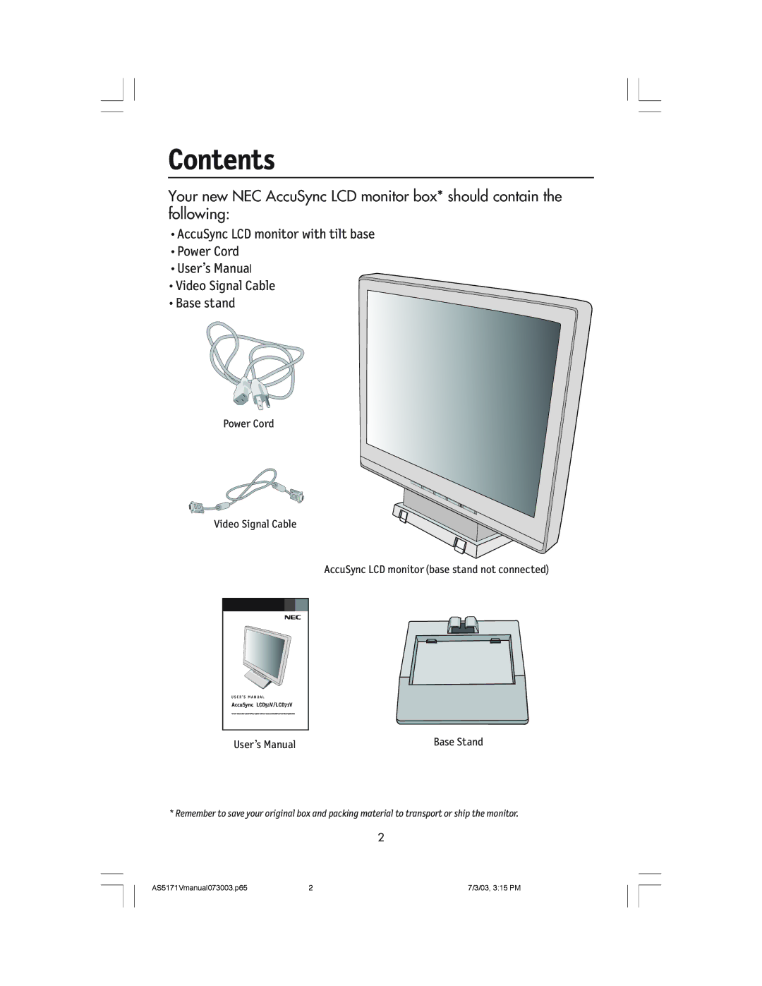 NEC LCD71V manual Contents 