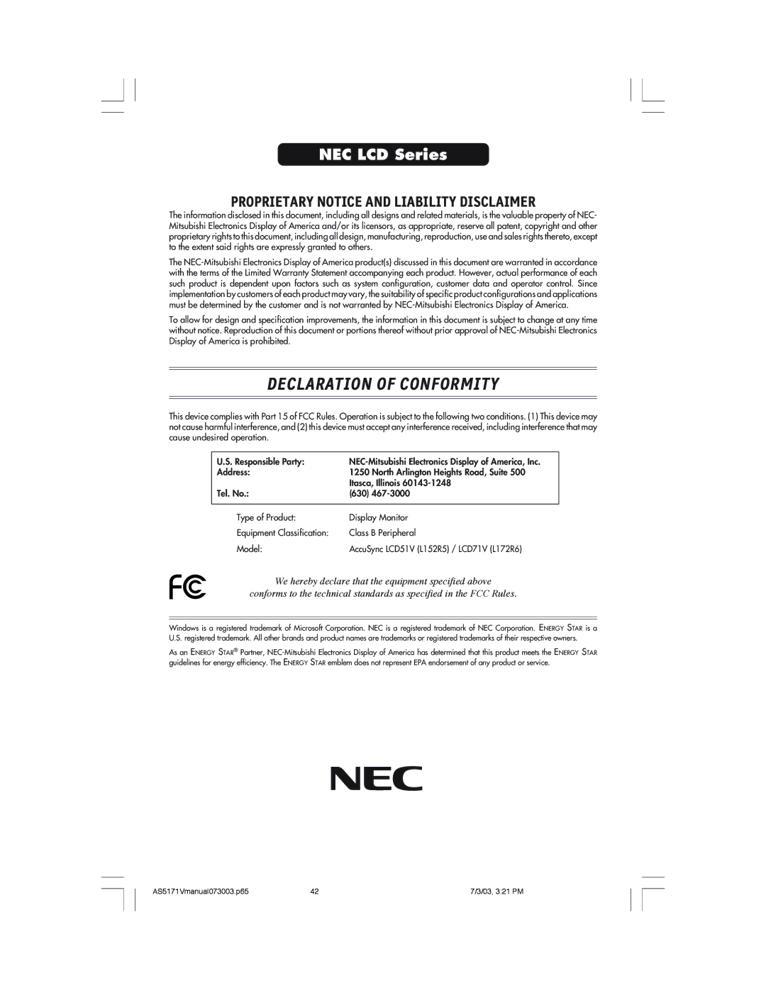 NEC LCD71V manual Declaration of Conformity 