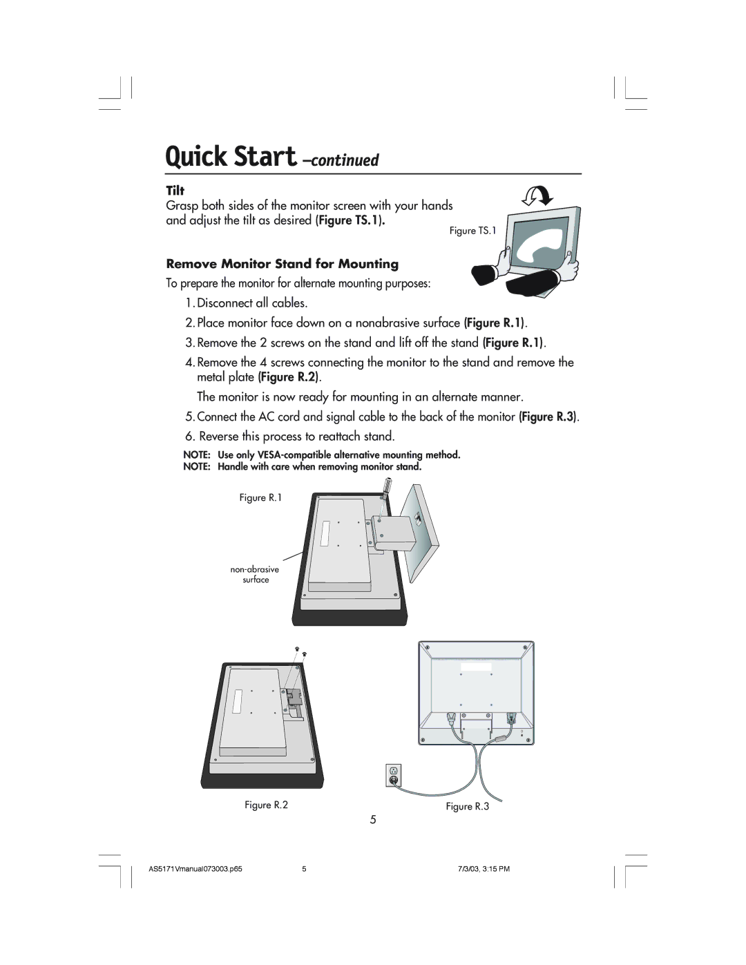 NEC LCD71V manual Tilt, Remove Monitor Stand for Mounting 