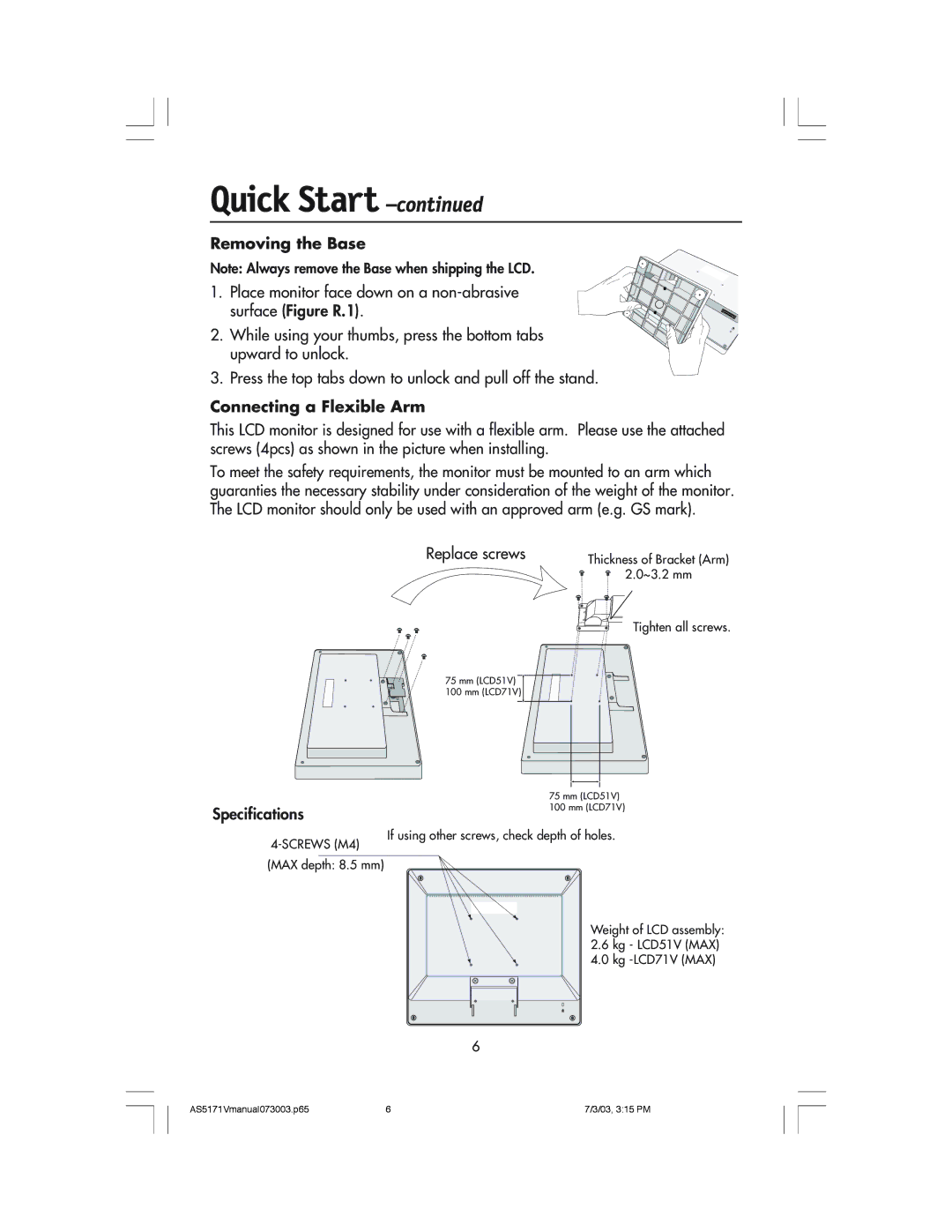 NEC LCD71V manual Removing the Base, Connecting a Flexible Arm, Replace screws, Specifications 