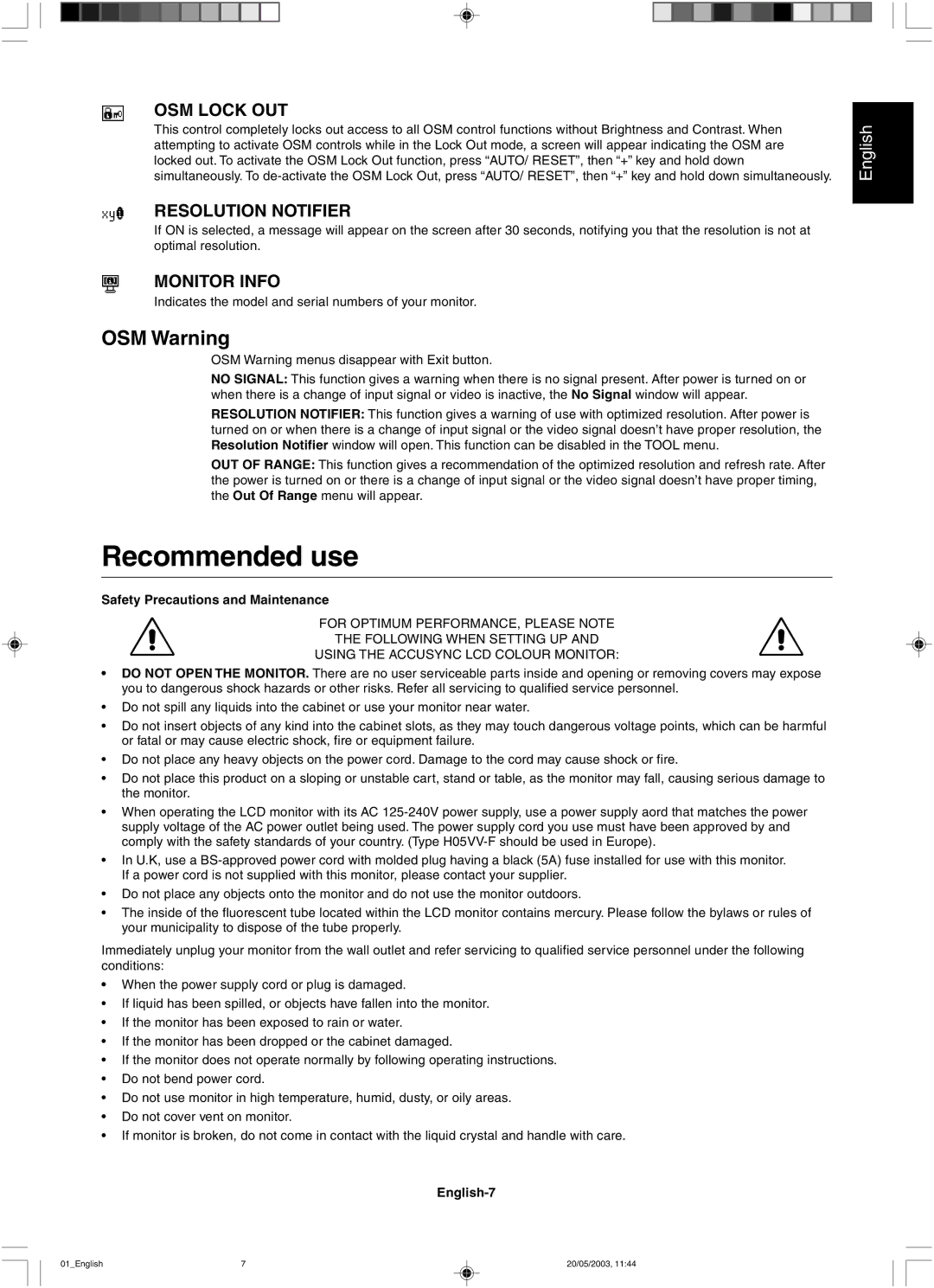 NEC LCD51VM, LCD71VM user manual Recommended use, OSM Warning, OSM Lock OUT, Resolution Notifier, Monitor Info 