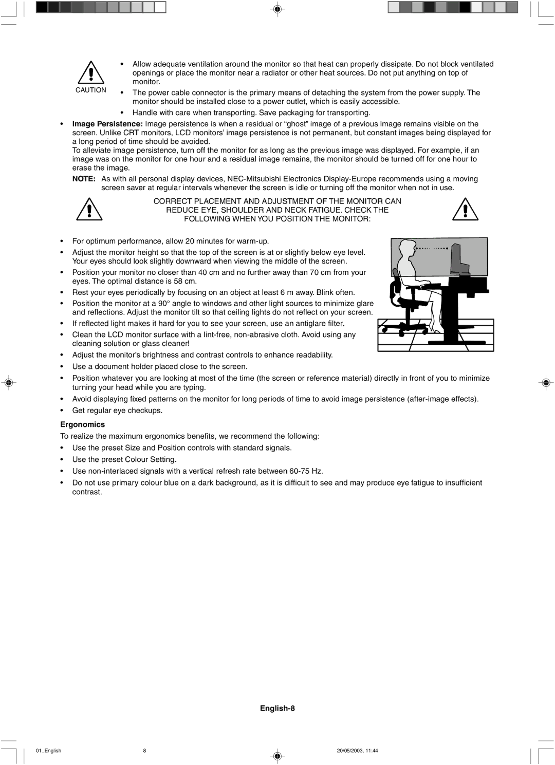 NEC LCD71VM, LCD51VM user manual Ergonomics, English-8 