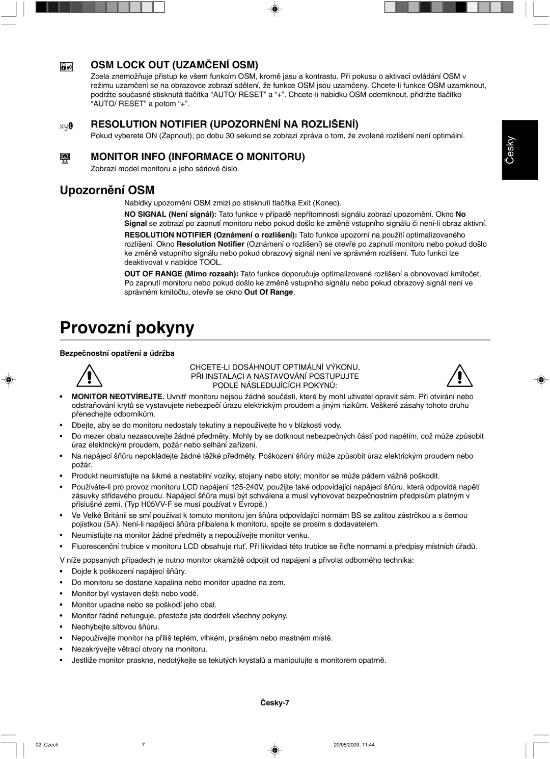 NEC LCD51VM, LCD71VM user manual Provozní pokyny, OSM Lock OUT UZAMâENÍ OSM 