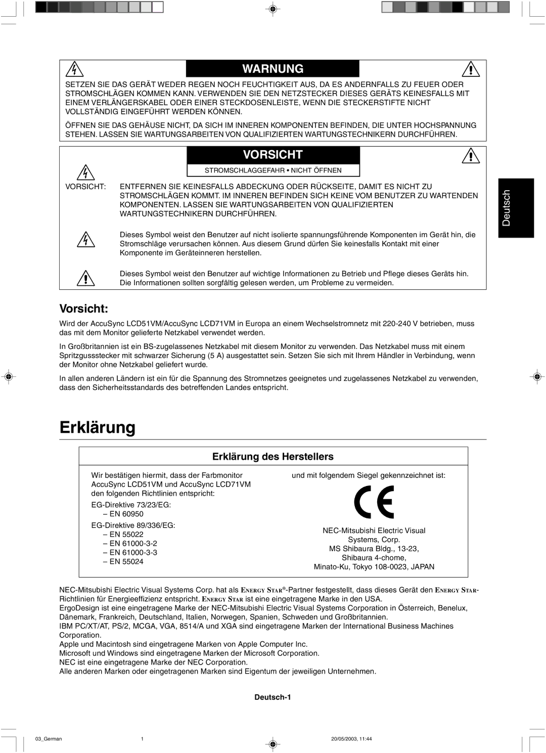 NEC LCD51VM, LCD71VM user manual Vorsicht, Erklärung des Herstellers, Deutsch-1 