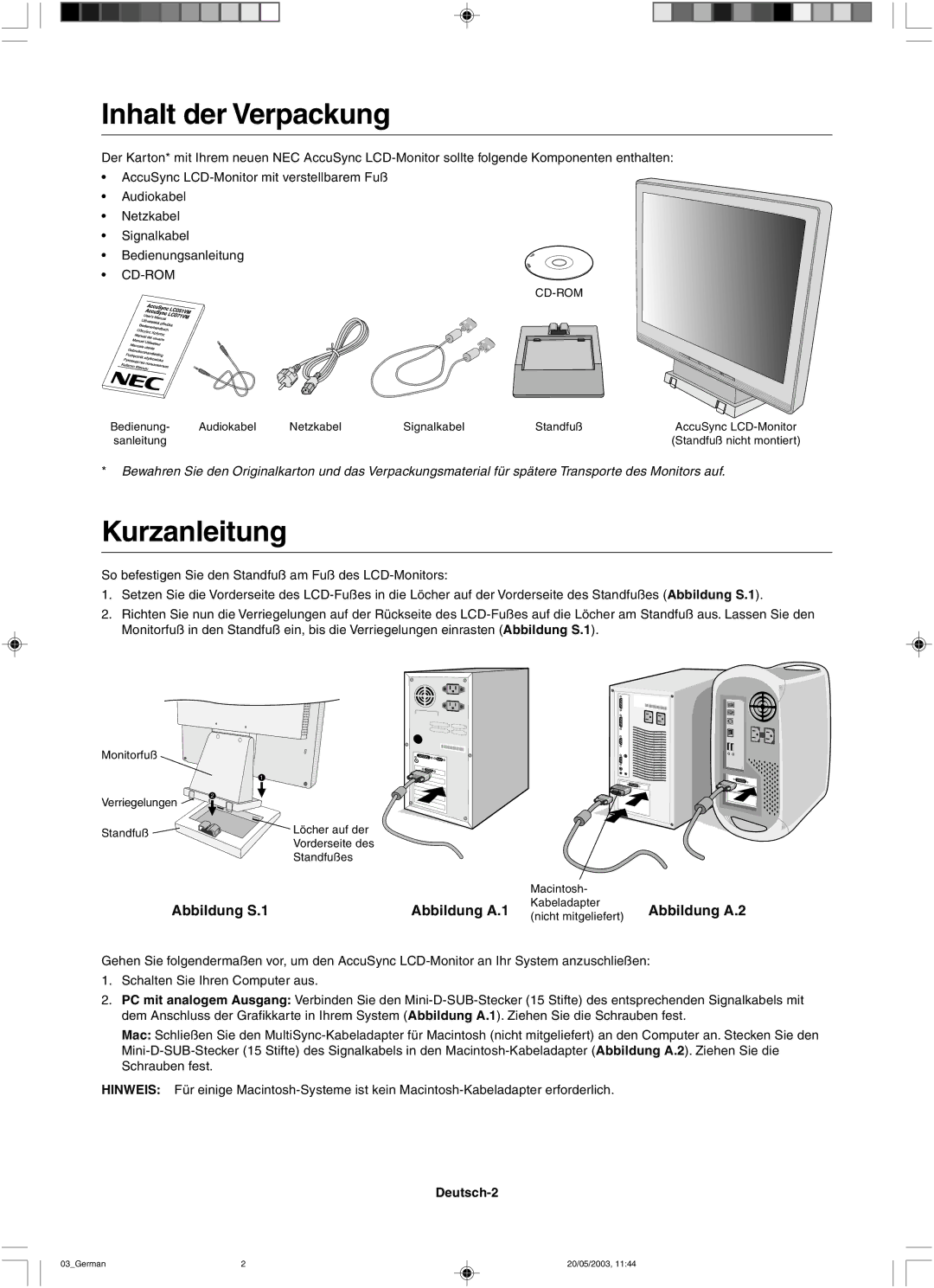 NEC LCD71VM, LCD51VM user manual Inhalt der Verpackung, Kurzanleitung, Deutsch-2 