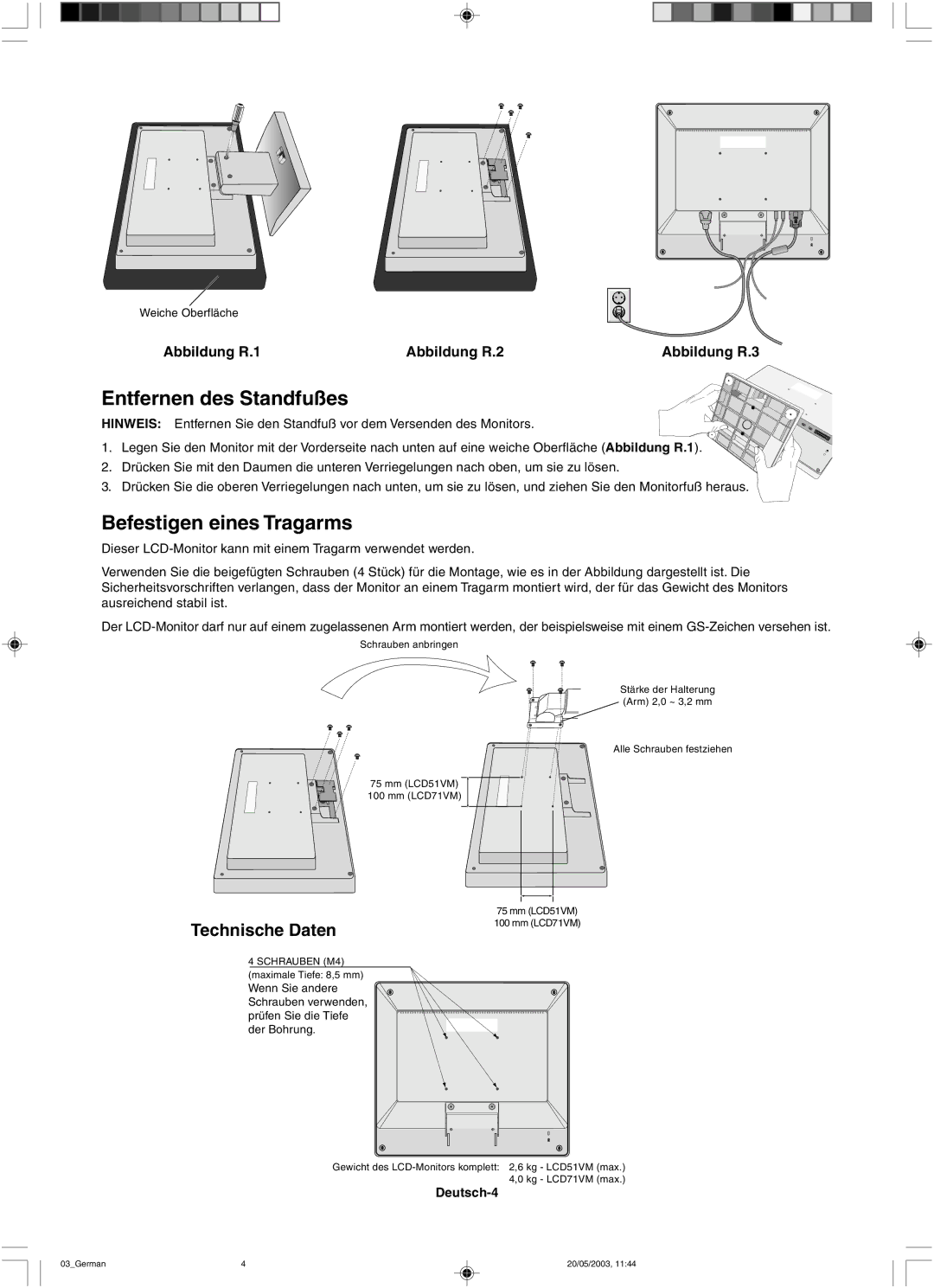 NEC LCD71VM, LCD51VM user manual Entfernen des Standfußes, Befestigen eines Tragarms, Technische Daten, Deutsch-4 