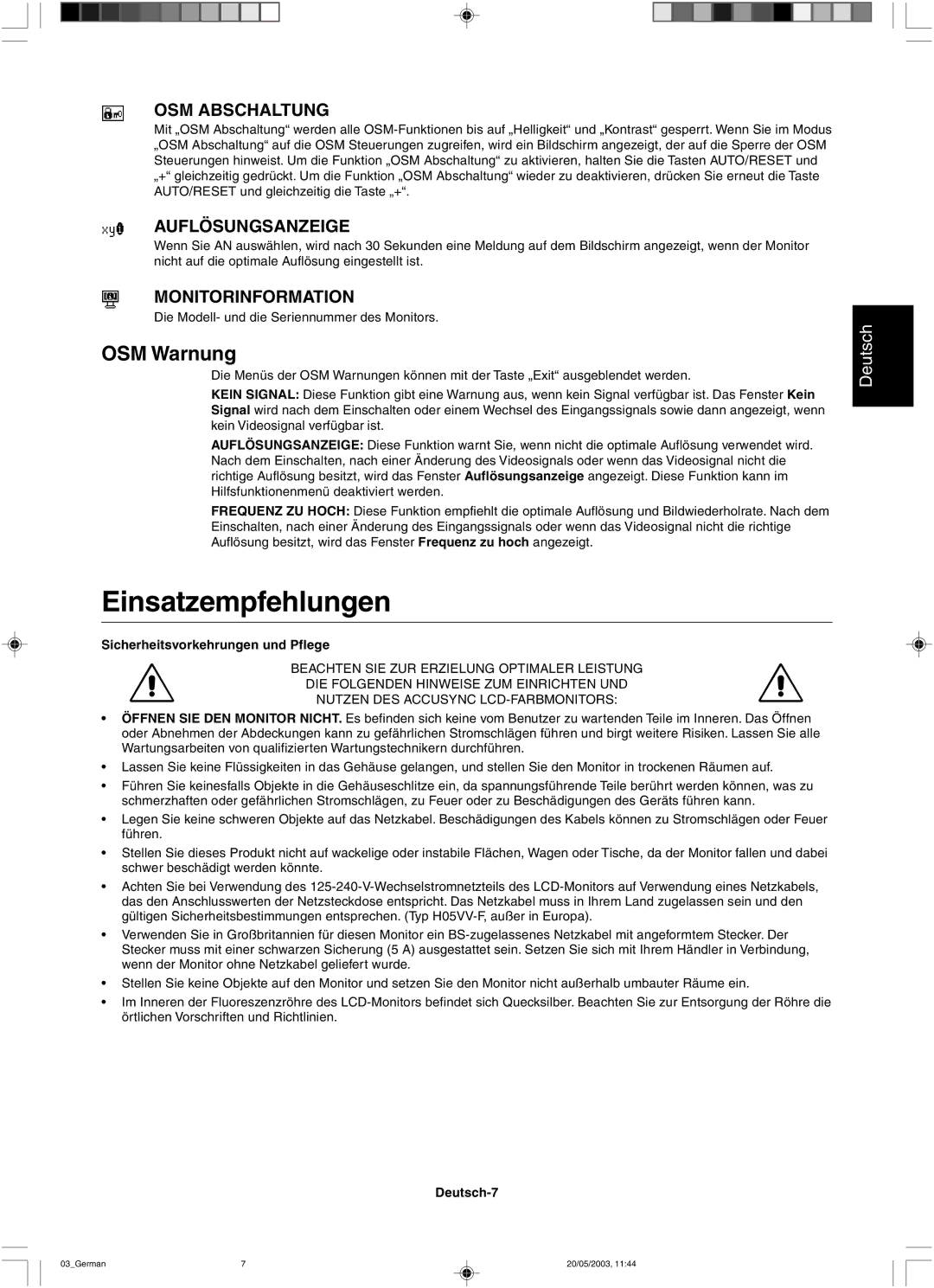 NEC LCD51VM, LCD71VM user manual Einsatzempfehlungen, OSM Warnung, OSM Abschaltung, Auflösungsanzeige, Monitorinformation 