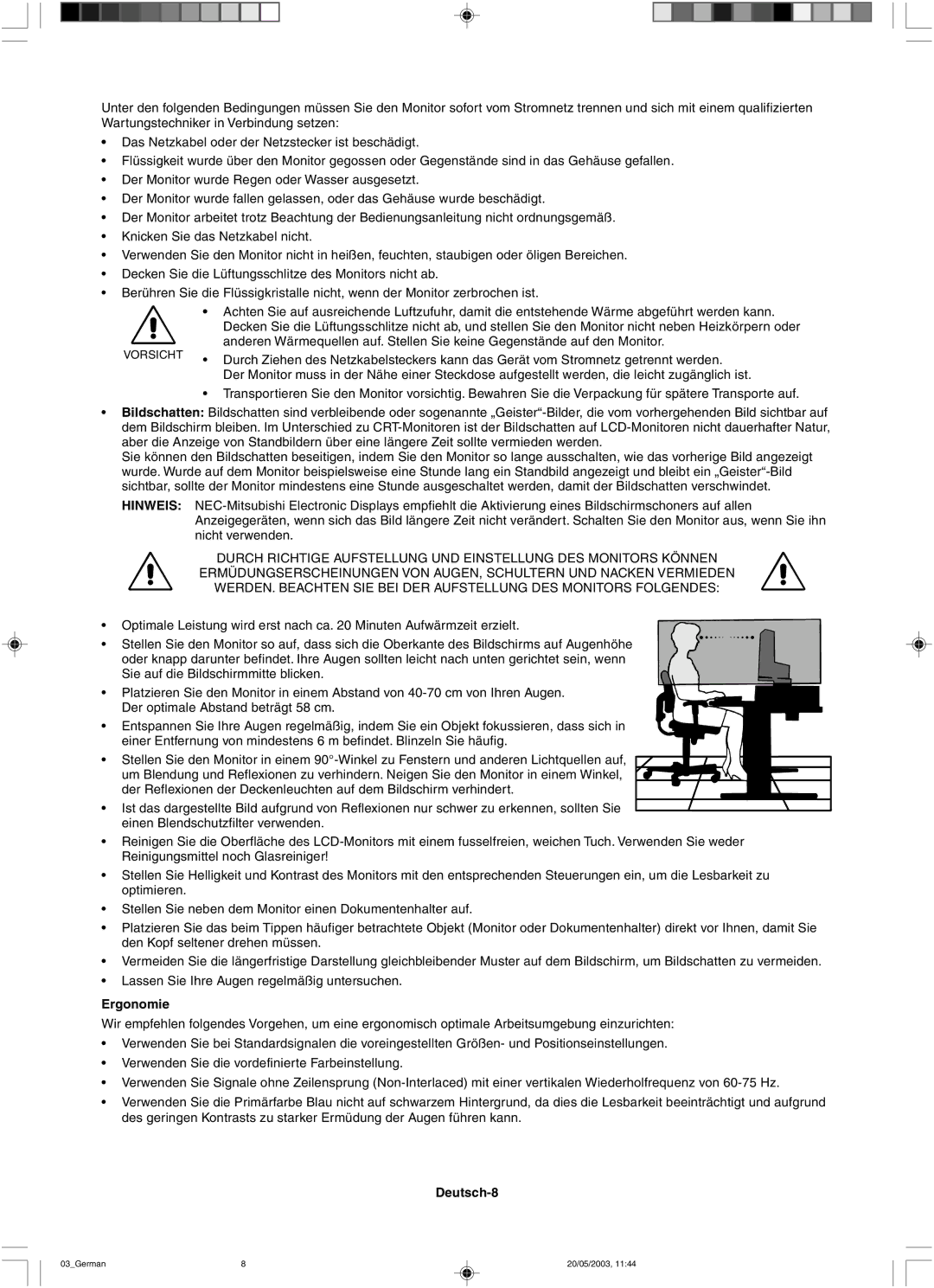 NEC LCD71VM, LCD51VM user manual Ergonomie, Deutsch-8 