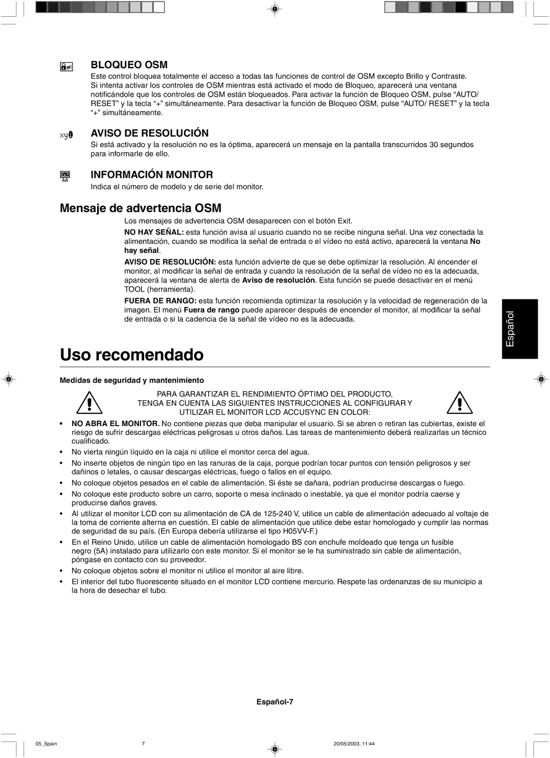 NEC LCD51VM, LCD71VM Uso recomendado, Mensaje de advertencia OSM, Bloqueo OSM, Aviso DE Resolución, Información Monitor 