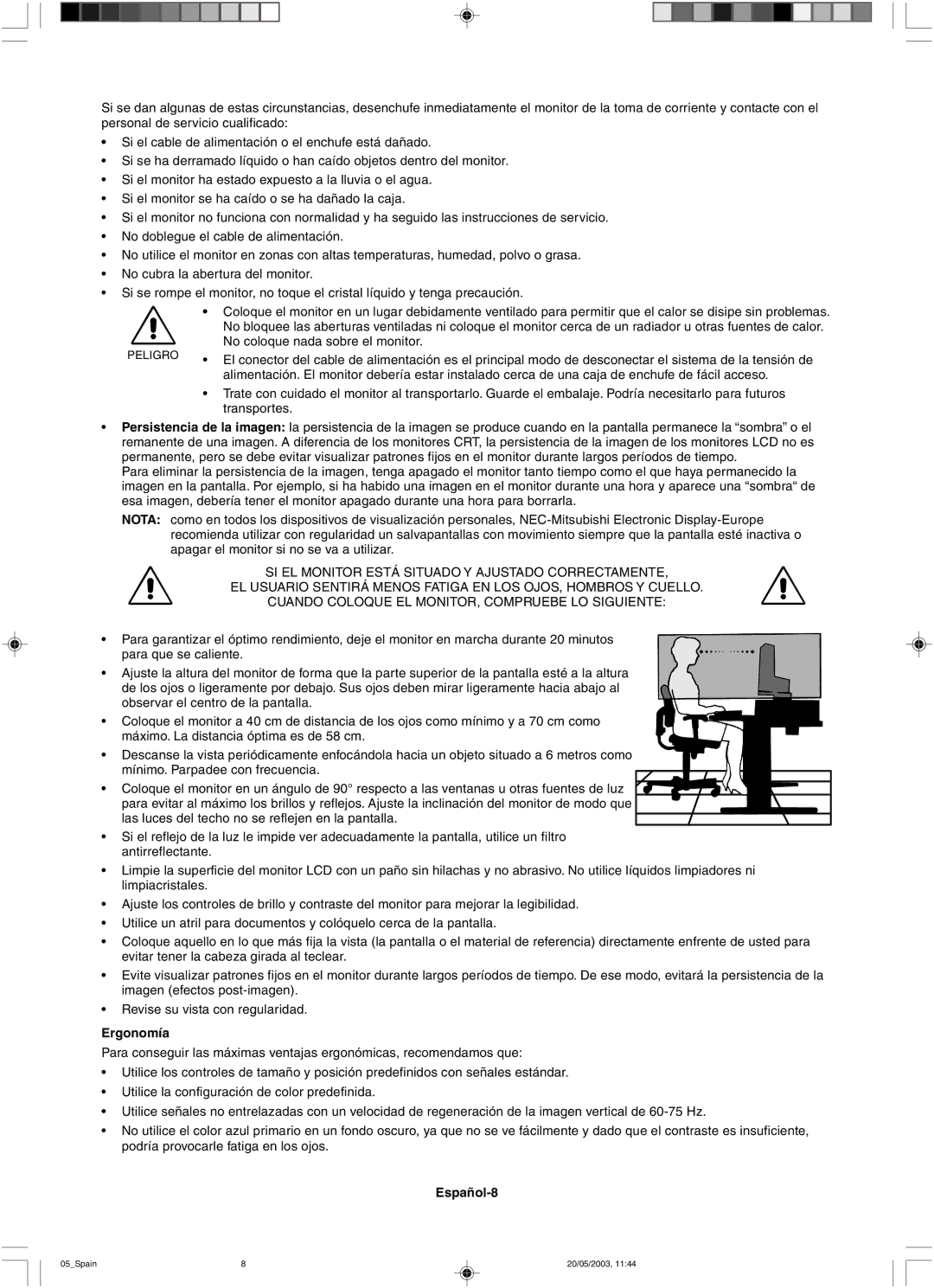 NEC LCD71VM, LCD51VM user manual Ergonomía, Español-8 