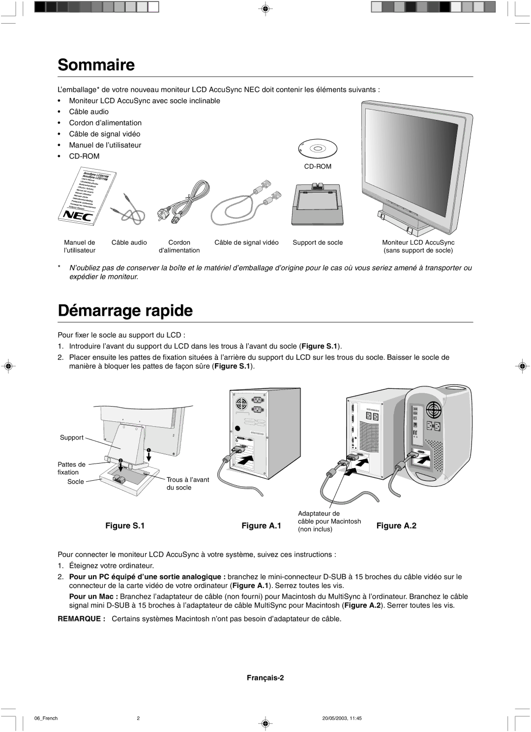 NEC LCD71VM, LCD51VM user manual Sommaire, Démarrage rapide, Français-2 