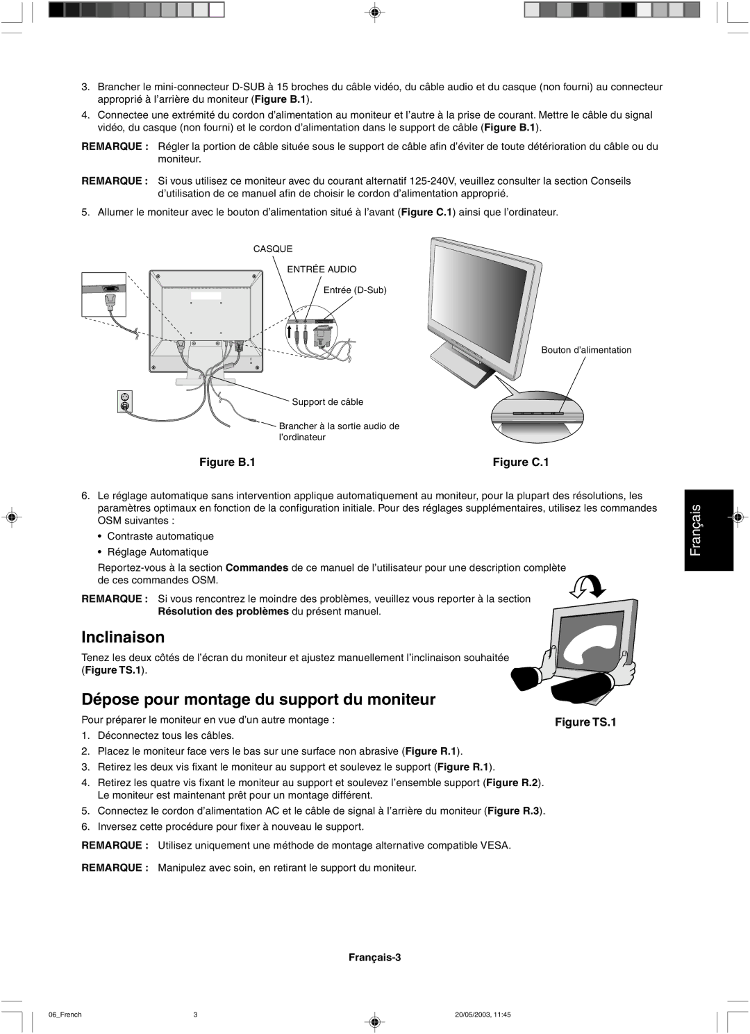 NEC LCD51VM, LCD71VM user manual Inclinaison, Dépose pour montage du support du moniteur, Français-3 