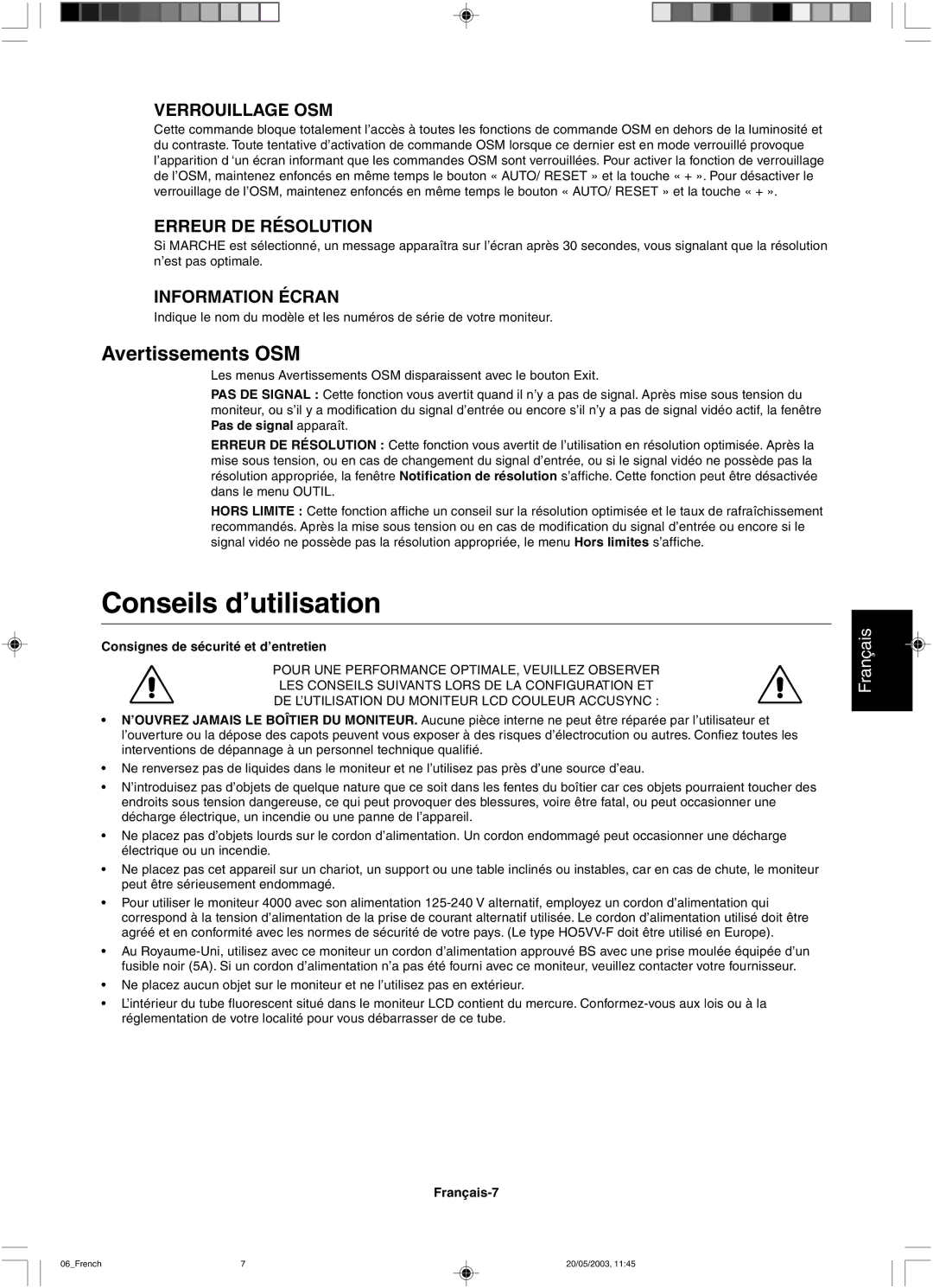 NEC LCD51VM, LCD71VM Conseils d’utilisation, Avertissements OSM, Verrouillage OSM, Erreur DE Résolution, Information Écran 